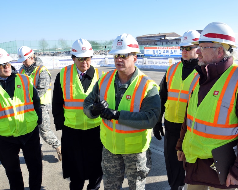 Maj. Gen. Kendall Cox, the U.S. Army Corps of Engineers deputy commanding general for military and international operations, discusses construction progress at U.S. Army Garrison Humphreys Jan. 10.  Cox made a three-day visit to Korea, meeting with U.S. and Republic of Korea military officials and sappers from the 2nd Infantry Division, as well as members of the Far East District.  