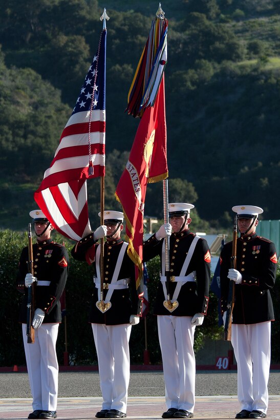 The Marine Corps Color Guard performs during a Battle Color Detachment Ceremony at Marine Corps Base Camp Pendleton Calif., March 9, 2012. 