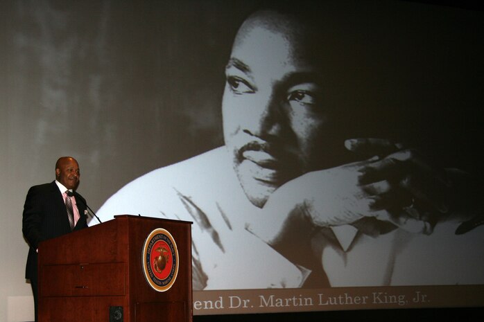 Retired Sergeant Major Alford McMichael tells the Marine Corps Systems Command (MCSC) audience that "teamwork makes your dreams work." McMichael, the first African American selected as the Sergeant Major of the Marine Corps, was the guest speaker at MCSC's celebration honoring the Reverend Dr. Martin Luther King, Jr., Jan. 17, 2013. The event was hosted by MCSC's Marine Air-Ground Task Force Command, Control and Communications program management office. 