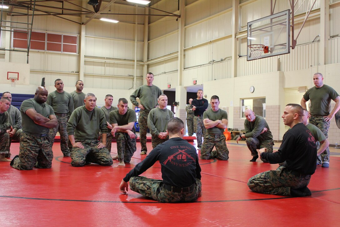 Martial Arts Center of Excellence (MACE) Director Lieutenant Colonel Patrick Beckett and Lieutenant Colonel Joseph Shusko Deputy Director visit Marine Corps Detachment Fort Leonard Wood Missouri. The MACE, located in Quantico Virginia, seeks to help enhance Marine Corps Martial Arts Programs abroad.