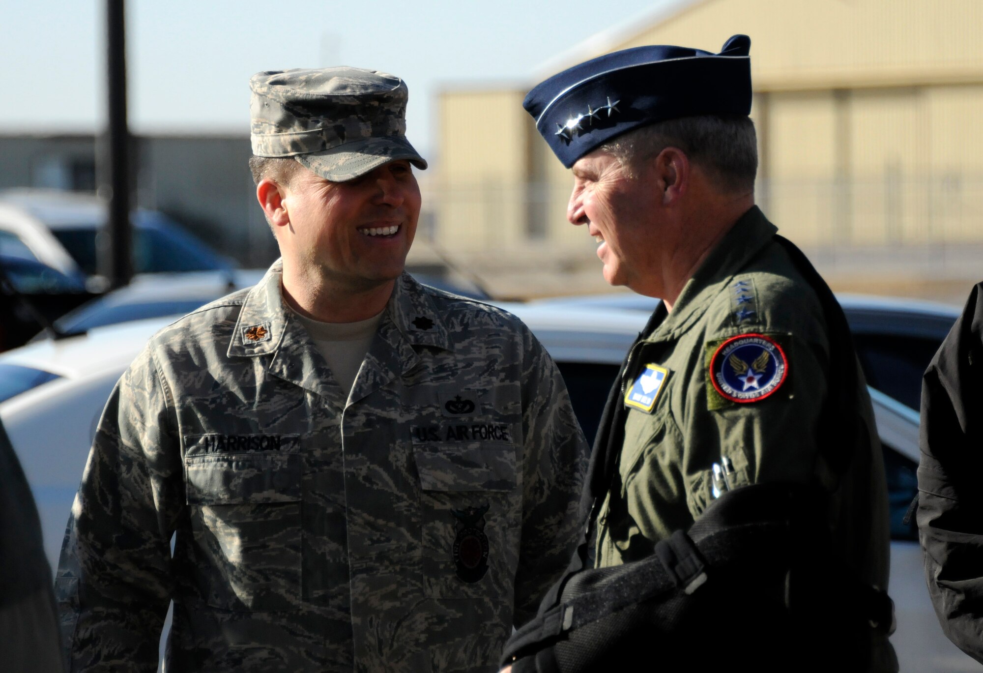 Air Force Chief of Staff Gen. Mark A. Welsh III, right, talks with Maj. Joe Harrison, 188th Civil Engineer Squadron commander, at the 188th Fighter Wing in Fort Smith, Ark., Jan. 18, 2013. Welsh toured the unit’s facilities and learned about the wing’s mission. (National Guard photo by Senior Airman John Hillier/188th Fighter Wing Public Affairs)