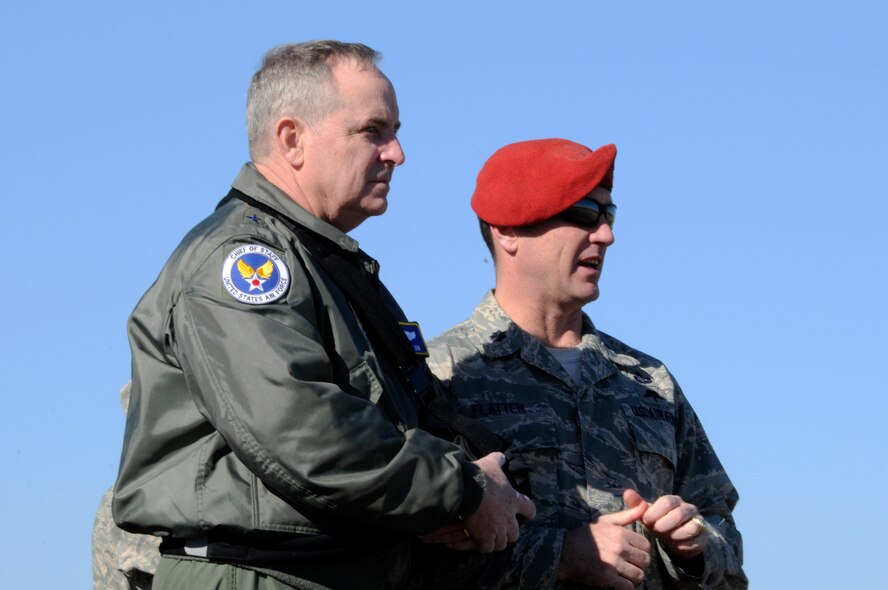 Air Force Chief of Staff Gen. Mark A. Welsh III, left, observes close-air support training alongside Lt. Col. Mike Flatten, 22nd Special Tactics Squadron, at the 188th Fighter Wing’s Detachment 1 Razorback Range located at Fort Chaffee, Ark., Jan. 18, 2013. Welsh toured the unit’s facilities and learned about the wing’s mission. (National Guard photo by Senior Airman Hannah Landeros/188th Fighter Wing Public Affairs)