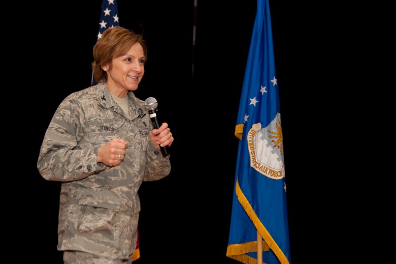 VANDENBERG AIR FORCE BASE. Calif. – Col. Barbara Jones, 30th Medical Group commander, speaks during the commander’s call here Friday, Jan. 18, 2013. The commander’s call turned into a pep-rally for the upcoming unit compliance inspection soon to begin. (U.S. Air Force photo/Senior Airman Lael Huss)