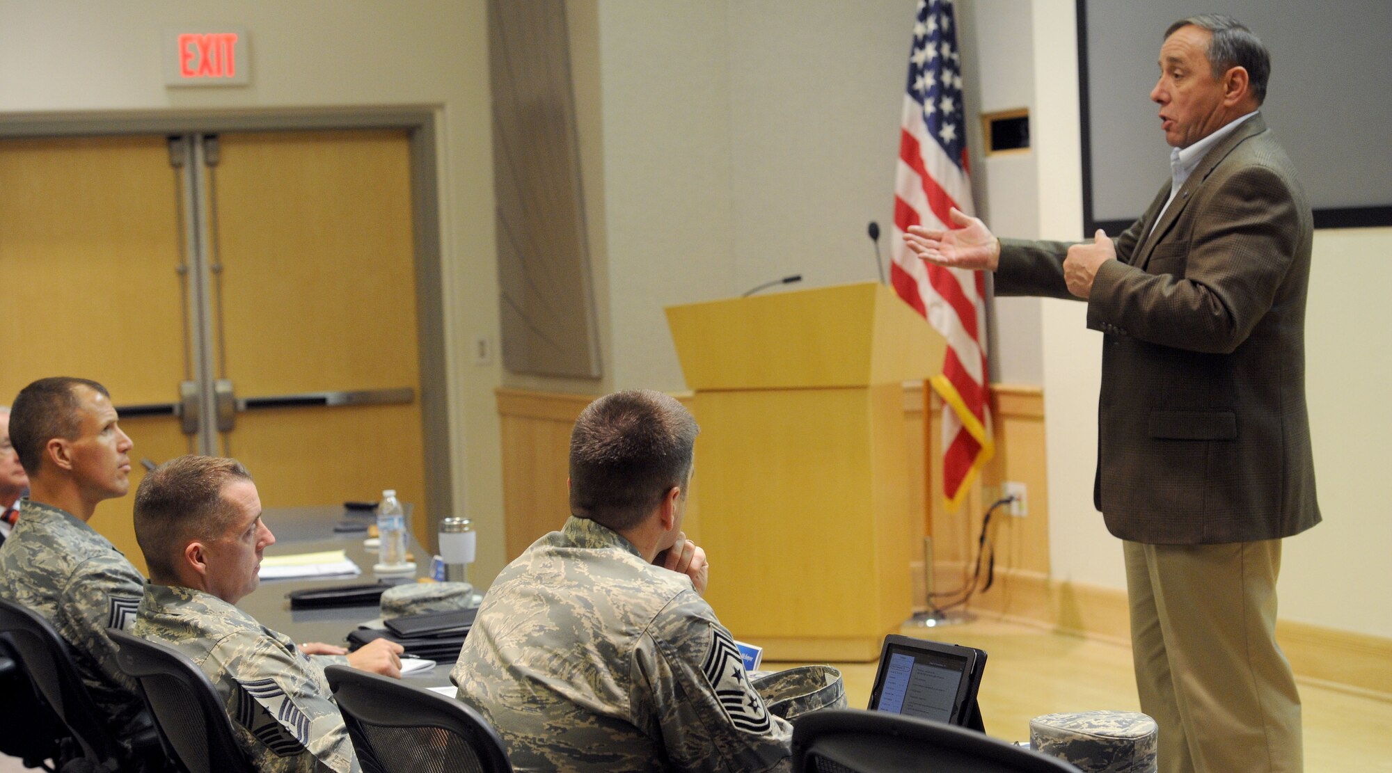 Retired Chief Master Sgt. of the Air Force Frederick J. Finch speaks to Pacific Air Force command chiefs and chief selects at the Aloha Conference Center, Joint Base Pearl Harbor-Hickam, Hawaii, Jan. 18, 2013. Finch gave his experiences on his time in the Air Force and discussed rank approriate roles and responsibilities. (U.S. Air Force photo/Tech. Sgt. Jerome S. Tayborn)