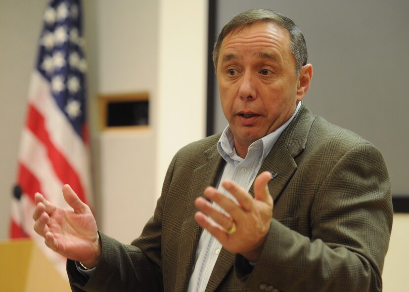 Retired Chief Master Sgt. of the Air Force Frederick J. Finch speaks to Pacific Air Force command chiefs and chief selects at the Aloha Conference Center, Joint Base Pearl Harbor-Hickam, Hawaii, Jan. 18, 2013. Finch is the thirteenth chief master sergeant of the Air Force. (U.S. Air Force photo/Tech. Sgt. Jerome S. Tayborn)