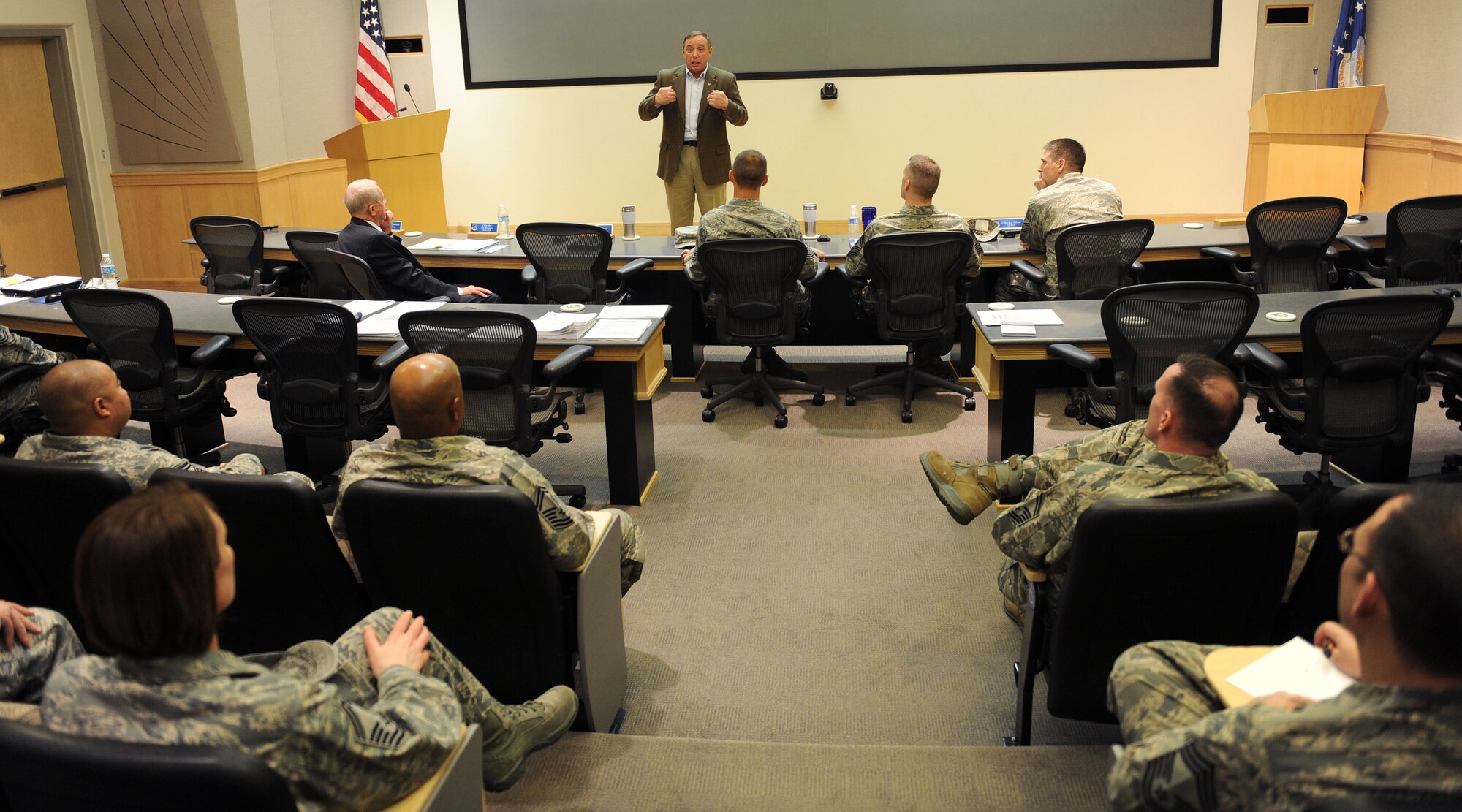 Retired Chief Master Sgt. of the Air Force Frederick J. Finch speaks to Pacific Air Force command chiefs and chief selects at the Aloha Conference Center, Joint Base Pearl Harbor-Hickam, Hawaii, Jan. 18, 2013. Finch discussed developmental growth and today's Air Force. (U.S. Air Force photo/Tech. Sgt. Jerome S. Tayborn)