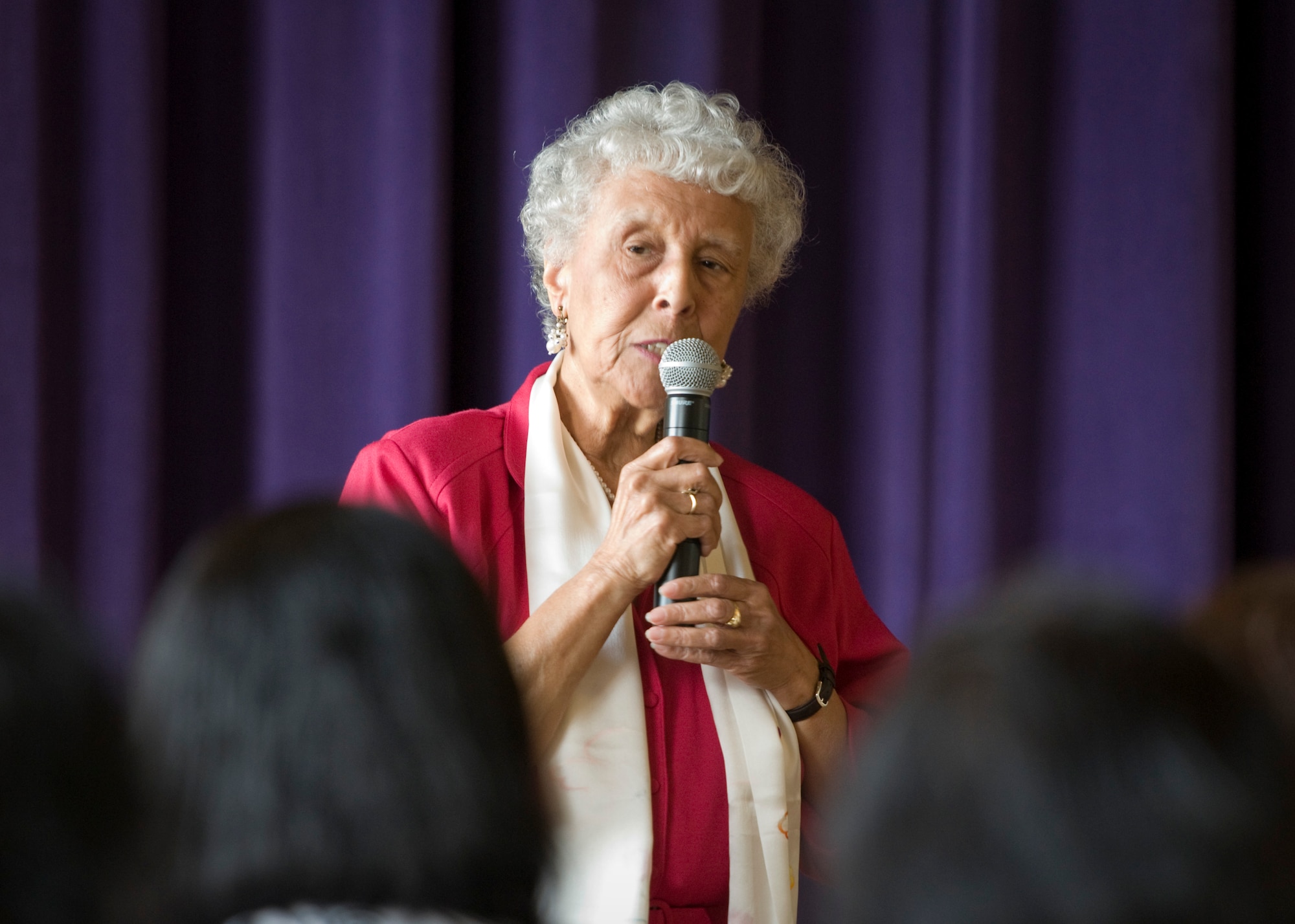 Selma Spencer, the mother of Air Force Vice Chief of Staff Gen. Larry Spencer, speaks at a Martin Luther King, Jr. Commemoration at the Robert Russa Moton Museum in Farmville, Va., Jan. 12. Ms. Spencer was one of more than 450 students who walked out of the all-black, R. R. Moton High School in Farmville April 23, 1951, demanding equality. (U.S. Air Force photo/Lt. Col. John Sheets)