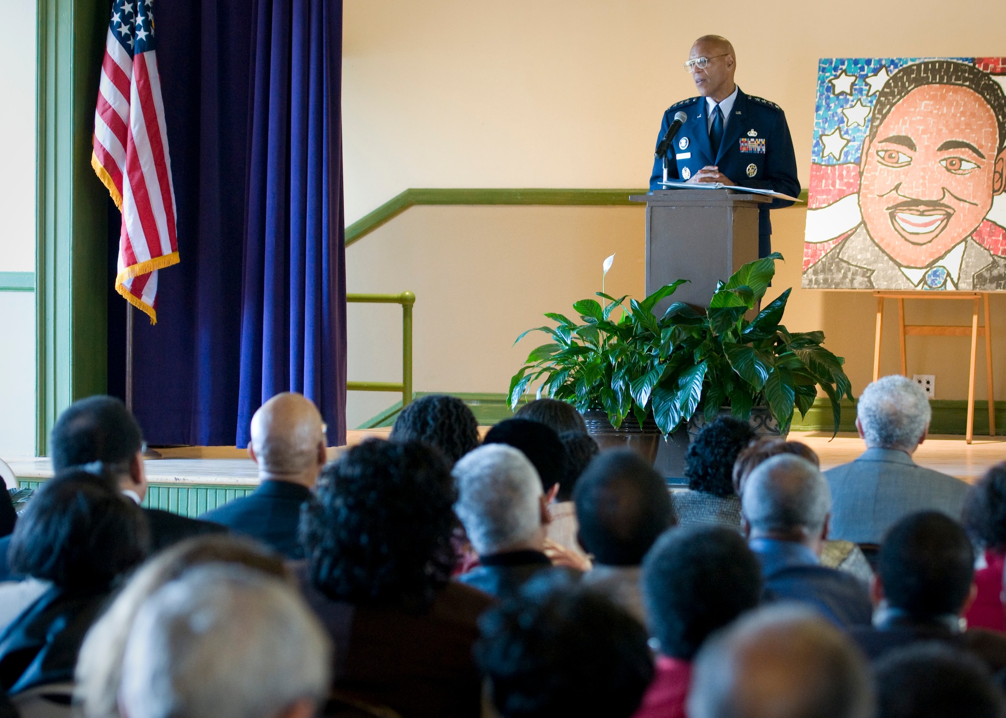 Air Force Vice Chief of Staff Gen. Larry Spencer speaks at a Martin Luther King, Jr. Commemoration at the Robert Russa Moton Museum in Farmville, Va., Jan. 12. Spencer recounted his mother's experience on April 23, 1951, when she and more than 450 other students walked out of the all-black, R. R. Moton High School in Farmville, demanding equality. (U.S. Air Force photo/Lt. Col. John Sheets)