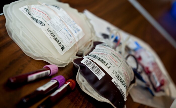 Collected blood waits to be registered and put in proper storage after being withdrawn from an Airman at Outdoor Recreation Center during the 57th Wing Blood Drive Jan. 18, 2013, Nellis Air Force Base, Nev. The blood donated provides blood and blood products to the Mike O'Callaghan Federal Medical Center helping veterans, active-duty service members, and their families during medical procedures and emergencies. (U.S. Air Force photo by Senior Airman Daniel Hughes)