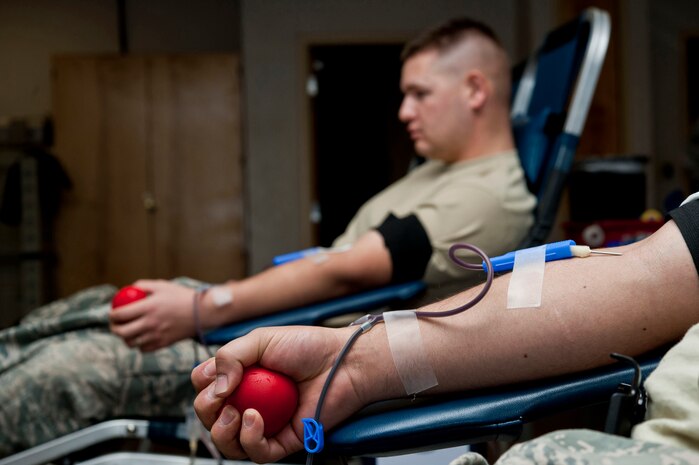 Airmen stationed at Nellis Air Force Base, Nev., take part in the 57th Wing-sponsored blood drive at Outdoor Recreation Center Jan. 18, 2013. There is a critical need for blood donations in the Las Vegas community; anyone who is able to donate is encouraged to do so. (U.S. Air Force photo by Senior Airman Daniel Hughes)
