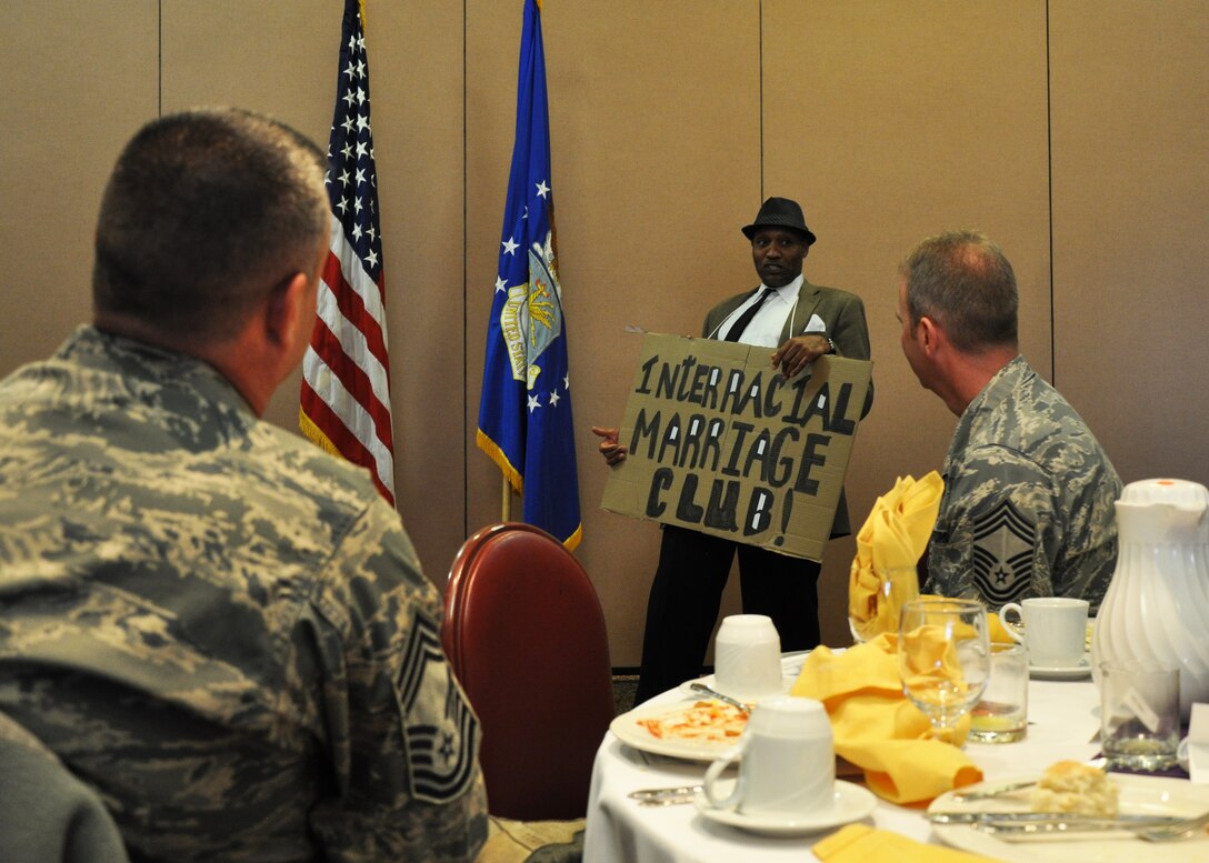 Tech. Sgt. William Coward, 940th Force Support Squadron, Force Management Superintendent, portrays the character Albert from the play “The Dream Goes on,” at the annual Dr. Martin Luther King, Jr. Observance Day Breakfast Jan. 18, 2013, at the Recce Point Club on Beale Air Force Base, Calif.  Coward’s character Albert gives his point of view on interracial concerns that were prevalent during the 1960s.  (U.S. Air Force photo by Airman First Class Bobby Cummings/Released)