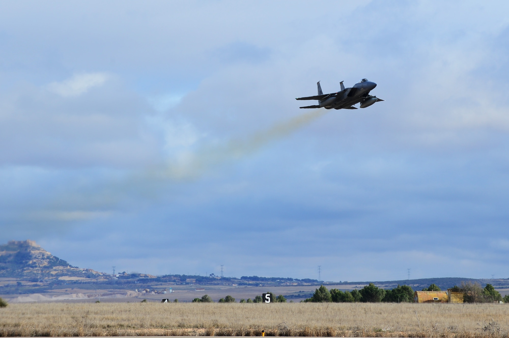 ALBACETE AIR BASE, Spain -- An F-15C Eagle from the 493rd Fighter Squadron takes off as part of the Tactical Leadership Program launching a total of six Eagles Jan. 16, 2013. The 493rd FS is participating in the multi-national program, which develops key leadership and mission planning skills needed for NATO operations. (U.S. Air Force photo by Senior Airman Lausanne Morgan)