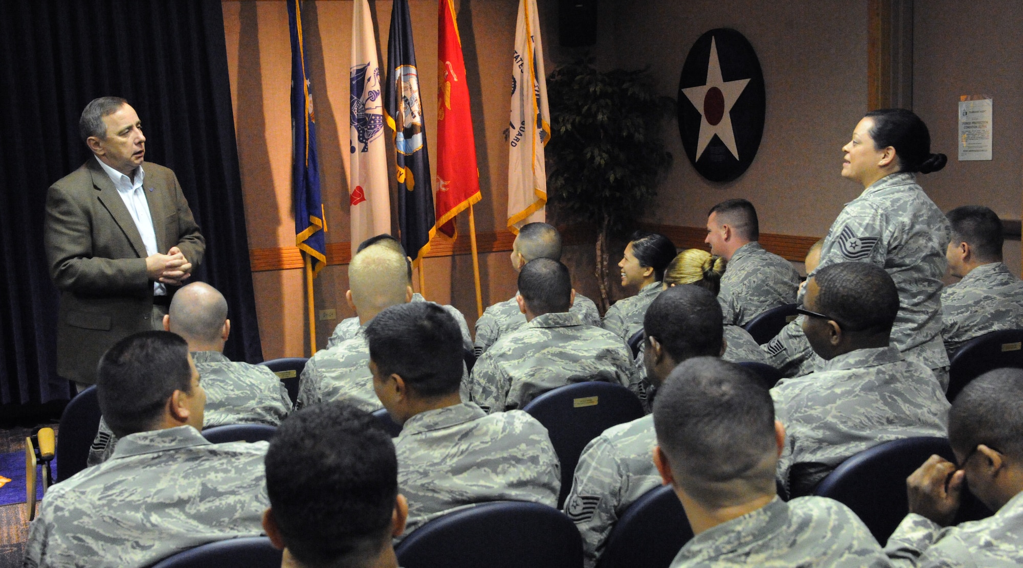 Retired Chief Master Sgt. of the Air Force Frederick J. Finch answers questions from Noncommissioned Officer’s Academy students during his visit to the Binnicker Professional Military Education Center at Joint Base Pearl Harbor-Hickam, Hawaii Jan. 18, 2013. Finch advised the NCOs to take advantage of the opportunities the Air Force presents them with and to take charge of their careers. (U.S. Air Force photo/Tech. Sgt. Jerome S. Tayborn)