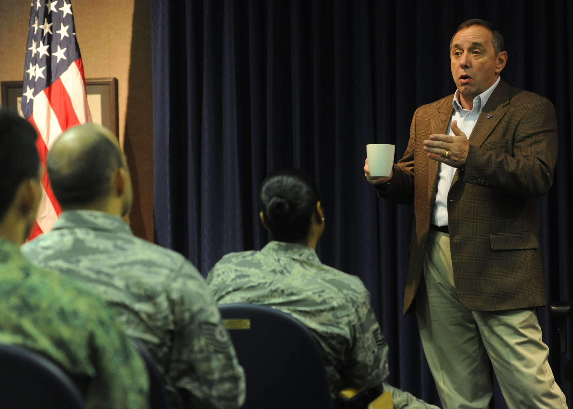 Retired Chief Master Sgt. of the Air Force Frederick J. Finch speaks to Noncommissioned Officer’s Academy students during his visit to the Binnicker Professional Military Education Center, at Joint Base Pearl Harbor-Hickam, Hawaii, Jan. 18, 2013. Finch shared personal stories and his past military experiences with the potential future senior NCOs. (U.S. Air Force photo/Tech. Sgt. Jerome S. Tayborn)