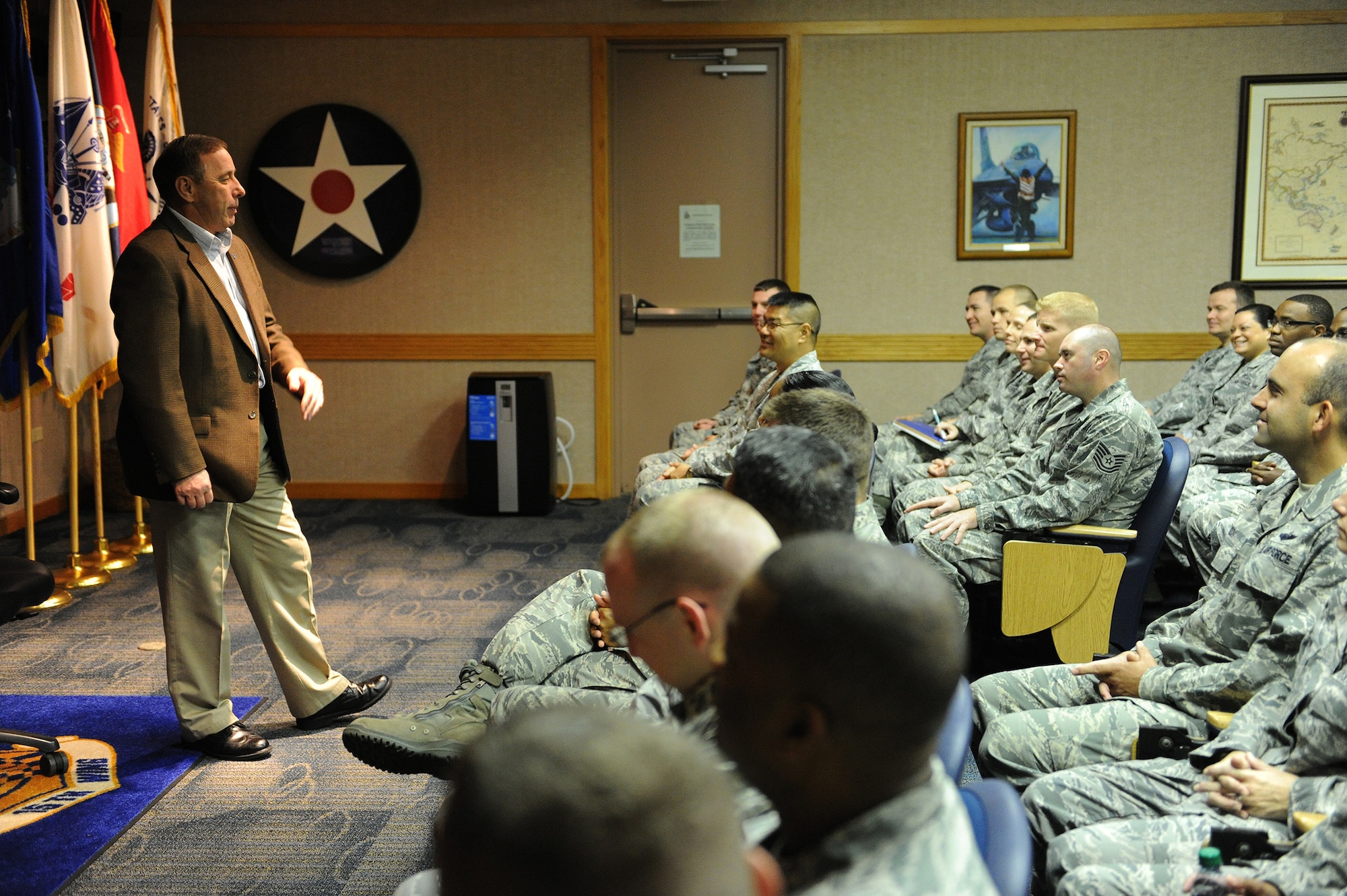 Retired Chief Master Sgt. Frederick J. Finch visits with Airmen at Binnicker Professional Military Education Center at Joint Base Pearl Harbor-Hickam, Hawaii, Jan. 18, 2013. Finch took the opportunity to speak to the students about his career and impart them with a few words of wisdom. Finch is the thirteenth chief master sergeant of the Air Force. (U.S. Air Force photo/Tech. Sgt. Jerome S. Tayborn)