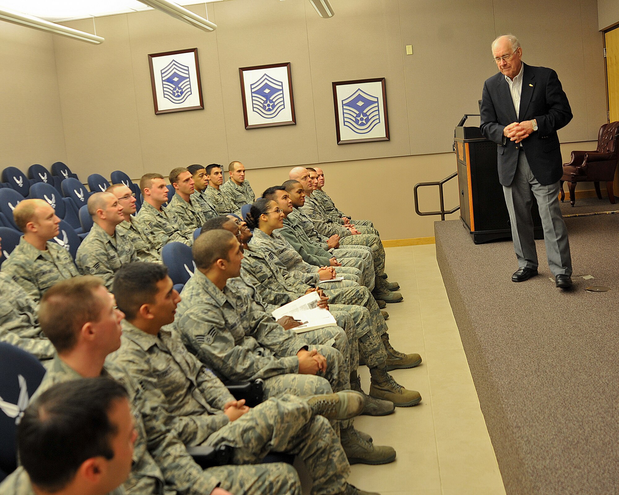The eighth Chief Master Sergeant of the Air Force Sam Parish speaks to Airman Leadership School students Jan. 18, 2013, McConnell Air Force Base, Kan. Parish discussed current Air Force events and shared knowledge he gained throughout his 31 years of Air Force service. (U.S. Air Force photo/Airman 1st Class Maurice A. Hodges)