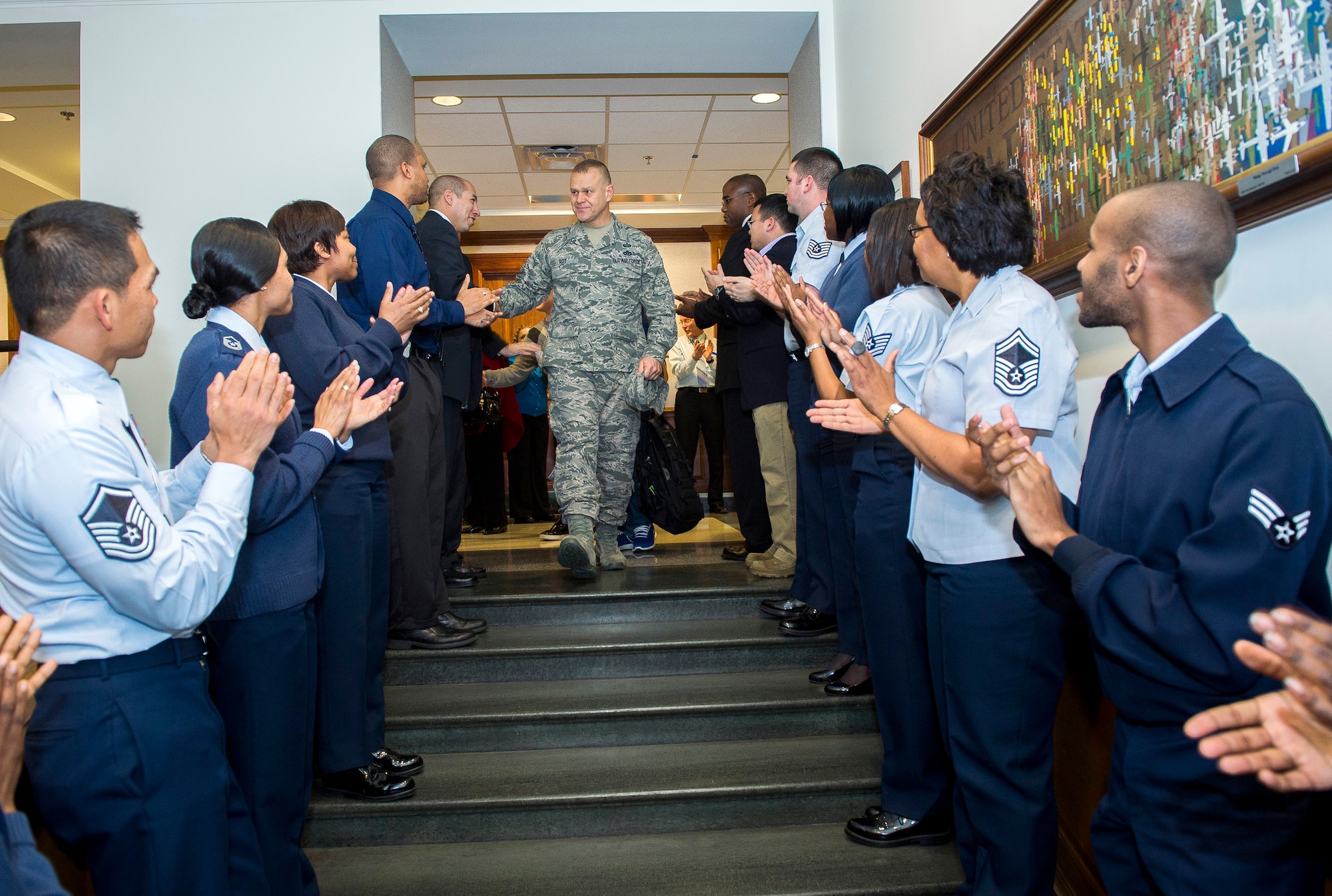 Chief Master Sgt. of the Air Force James Roy departs the Pentagon, Jan. 17, 2013, his last day in the building prior to his retirement and transition ceremony on Jan. 24. Roy is the 16th chief master sergeant of the Air Force. (U.S. Air Force photo/Jim Varhegyi)