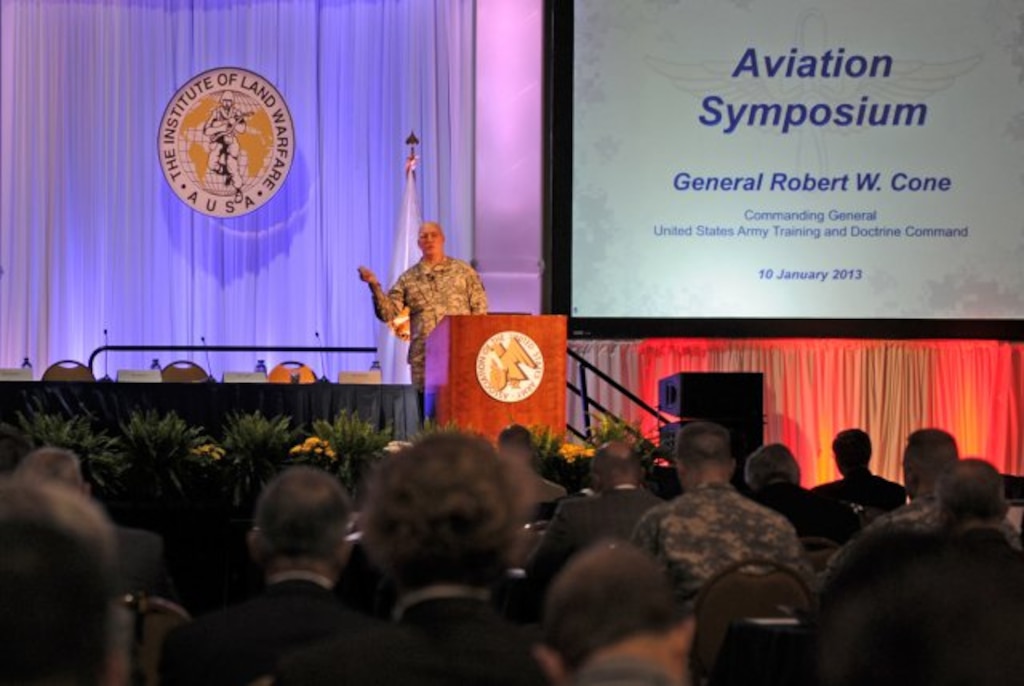 Gen. Robert W. Cone, Army Training and Doctrine commander, predicts the role of aviation will become larger as the force becomes smaller. Cone spoke at the annual AUSA aviation symposium and exhibition at National Harbor in Oxen Hill, Md., Jan. 10, 2013. (U.S. Army courtesy photo/Released)