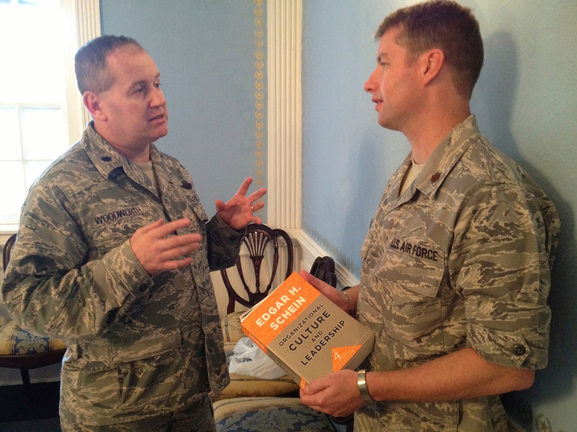 U.S. Air Force Lt. Col. David “Woody” Woodworth of Fishkill, N.Y., left, provides mentorship to Maj. Dan Roche, an Ohio National Guard force support officer and Air Command and Staff College student Oct. 26, 2012. (U.S Air Force photo by Capt. Peter Shinn) 
