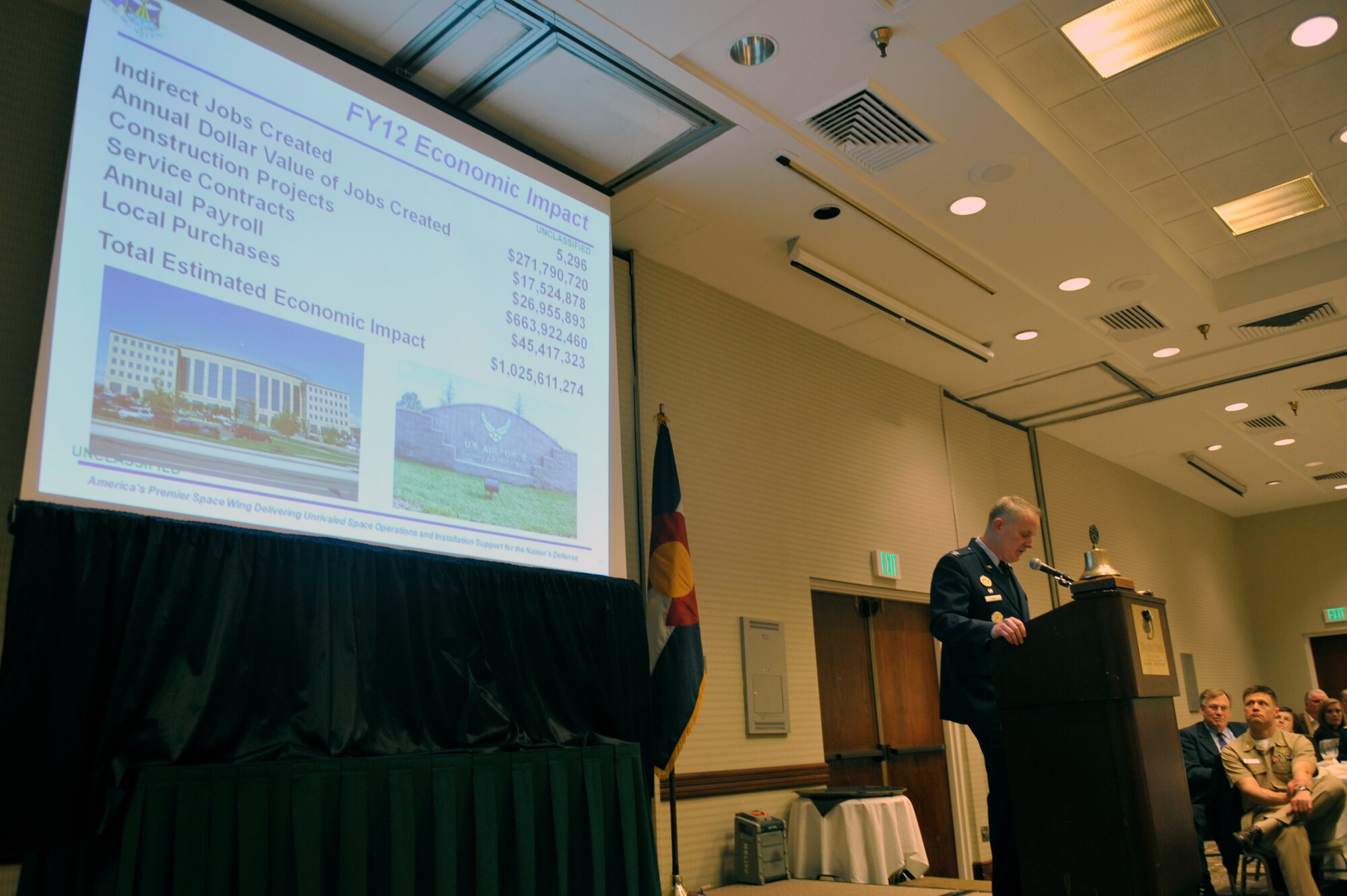 Col. Daniel Dant, 460th Space Wing commander, gave his annual State of the Base address Jan. 16, 2013, at the Double Tree Hotel in Aurora, Colo. Dant discussed past, current and upcoming events for Team Buckley, as well as addressed the base’s economic impact. (U.S. Air Force photo by Airman 1st Class Riley Johnson/Released)