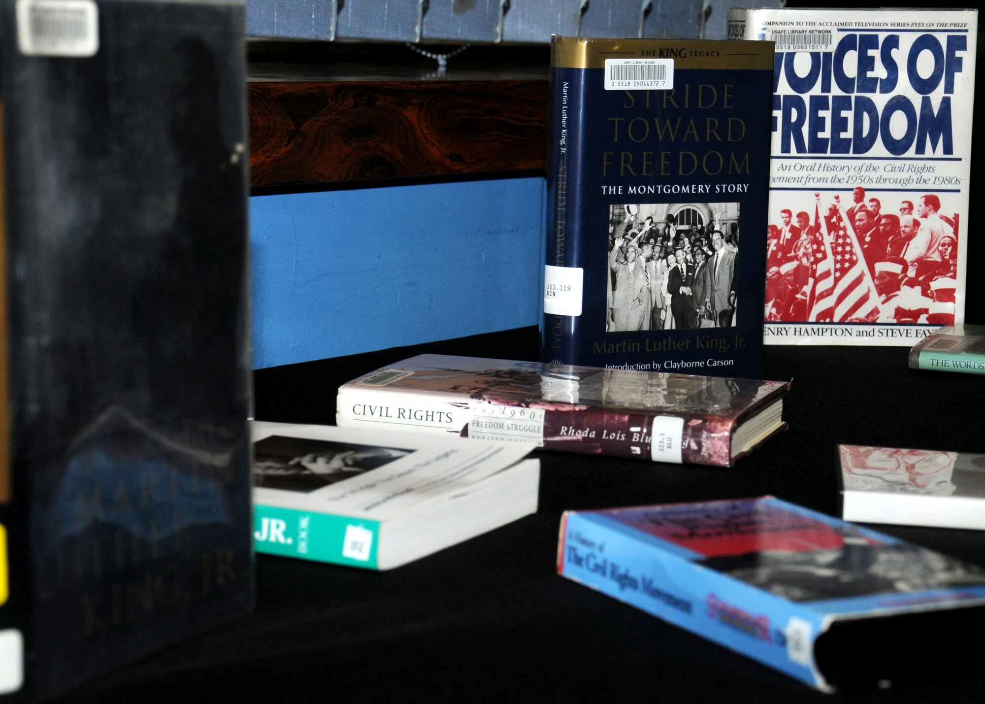 Books displayed in a Martin Luther King Jr. exhibition Jan. 18, 2013, at the Bob Hope Community Center at RAF Mildenhall, England. The books were available during the Martin Luther King Jr. Day breakfast so attendees could learn more about his life and the contributions made during the civil rights movement in the United States. (U.S. Air Force photo by Gina Randall/Released)