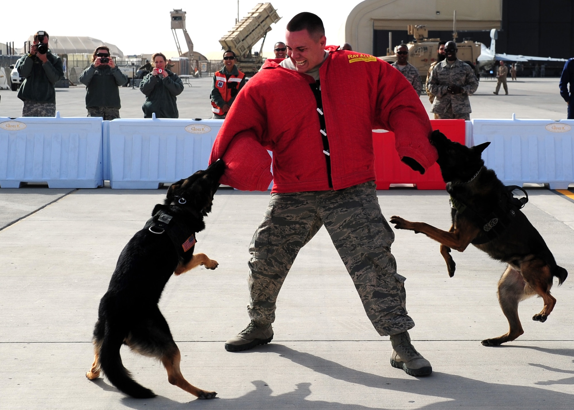 SOUTHWEST ASIA – 379th Expeditionary Security Forces Squadron members participate in a working dog demonstration display during the annual Flight Line Fest Jan. 14 at the 379th Air Expeditionary Wing. The event had live music by the U.S. Air Force Central Command Band, static aircraft and was an opportunity for Airmen and non-service members alike to learn more about operations. (U.S. Air Force photo by Master Sgt. Brendan Kavanaugh)