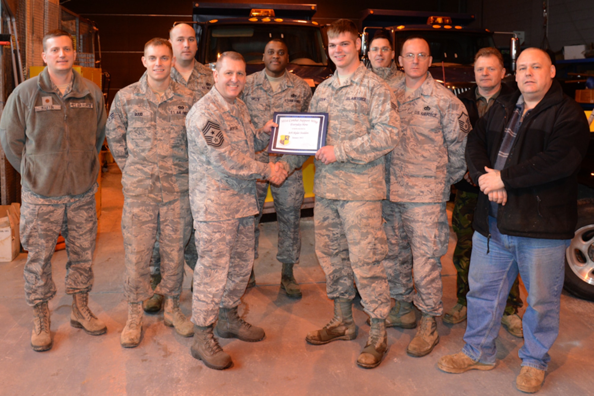 RAF ALCONBURY, United Kingdom - Senior Airman Skylar Stodden, 423rd Civil Engineer Squadron, pavements and equipment journeyman was named January’s 501st CSW Everyday Hero from the 423rd Air Base Group. Stodden trained 10 squadron personnel on ice and snow equipment, he also spread 15 tons of de-icing salt during the inclement weather as part of ice and snow removal process. He supervised the installation of 10 Designated Tobacco Area's per the Air Force Instruction requirement one month early. Stodden also prepped and poured 54 meters of concrete at the RAF Alconbury Resource, Recovery and Recycling Center, improving safety for vehicles and pedestrians. (U.S. Air Force photo by Tech. Sgt. Chrissy Best)