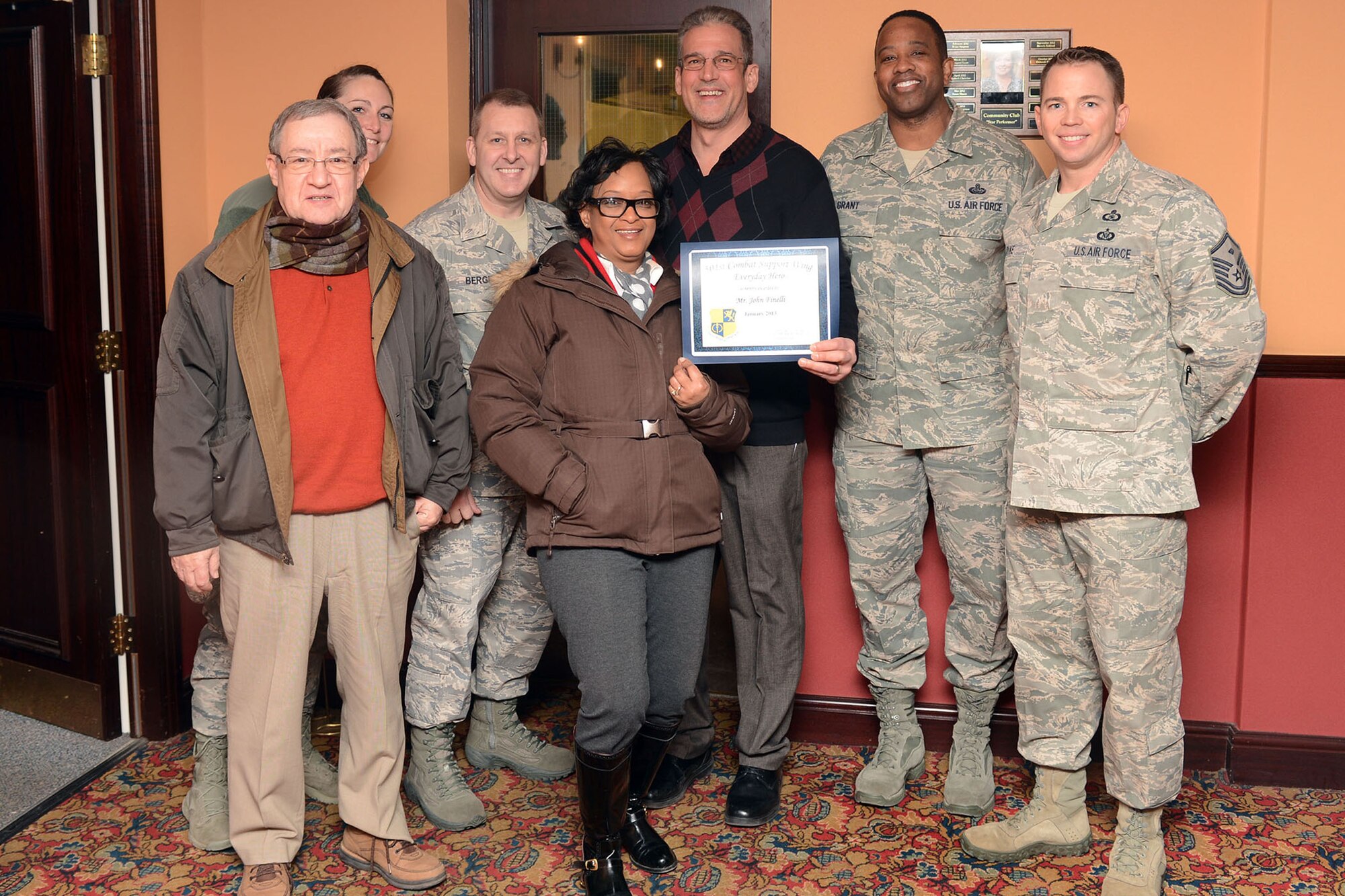 RAF MENWITH HILL, United Kingdom - John Finelli, 421st Air Base Squadron club manager, was named January’s 501st Combat Support Wing Everyday Hero from the 421st Air Base Group. Finelli was directly responsible for the successful planning of the first-ever Menwith Hill Station Holiday party. Additionally, he has also been instrumental in guiding the Club to an effective manpower and feeding plan due to the Community Club renovation project. His foresight and planning has been essential to ensure that the diverse population of 4,500 people has alternative dining solutions while still supporting the mission with great food and benefits. (U.S. Air Force photo by Staff Sgt. Debbie Lockhart)
