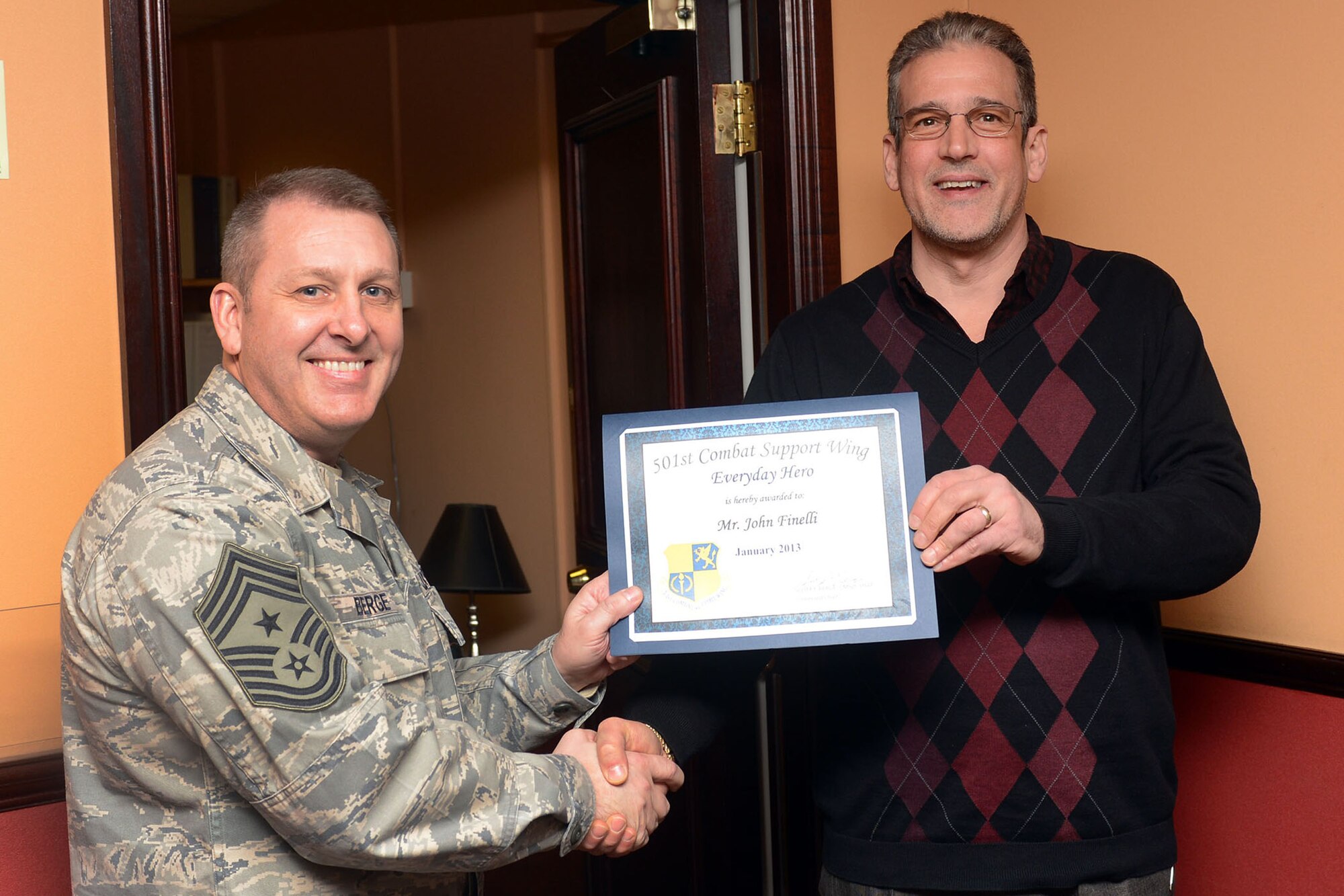 RAF MENWITH HILL, United Kingdom - John Finelli, 421st Air Base Squadron club manager, was named January’s 501st Combat Support Wing Everyday Hero from the 421st Air Base Group. Finelli was directly responsible for the successful planning of the first-ever Menwith Hill Station Holiday party. Additionally, he has also been instrumental in guiding the Club to an effective manpower and feeding plan due to the Community Club renovation project. His foresight and planning has been essential to ensure that the diverse population of 4,500 people has alternative dining solutions while still supporting the mission with great food and benefits. (U.S. Air Force photo by Staff Sgt. Debbie Lockhart)