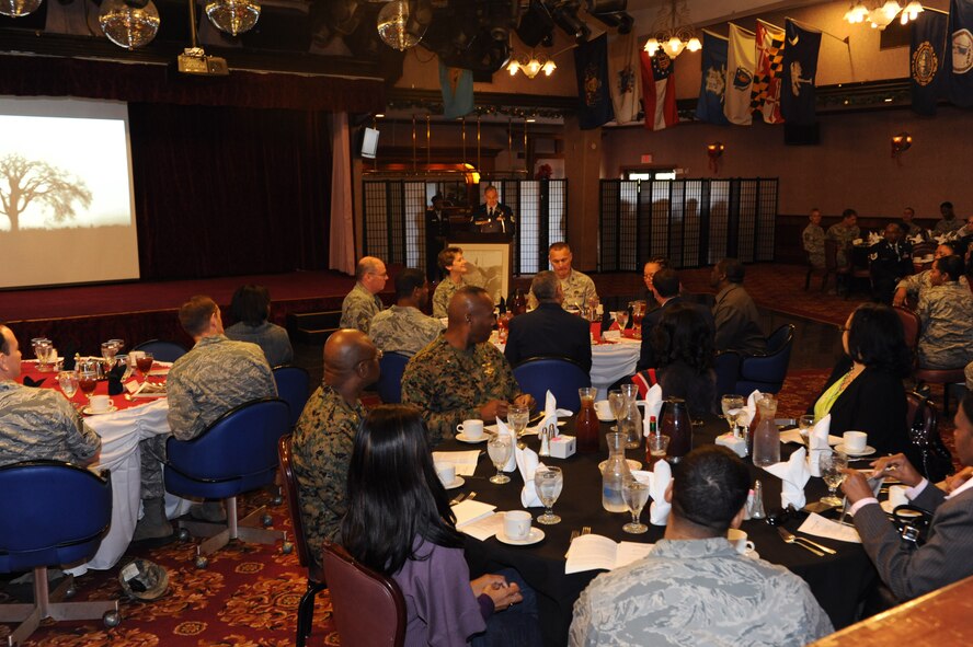 U.S. Air Force Tech. Sgt. Joseph Mageau, 18th Equipment Maintenance Squadron corrosion control section chief, gives an introduction during the Martin Luther King luncheon on Kadena Air Base, Japan, Jan. 18, 2013. The luncheon was the closing event for the base in remembrance of Martin Luther King Jr. (U.S. Air Force photo/Airman 1st Class Malia Jenkins) 