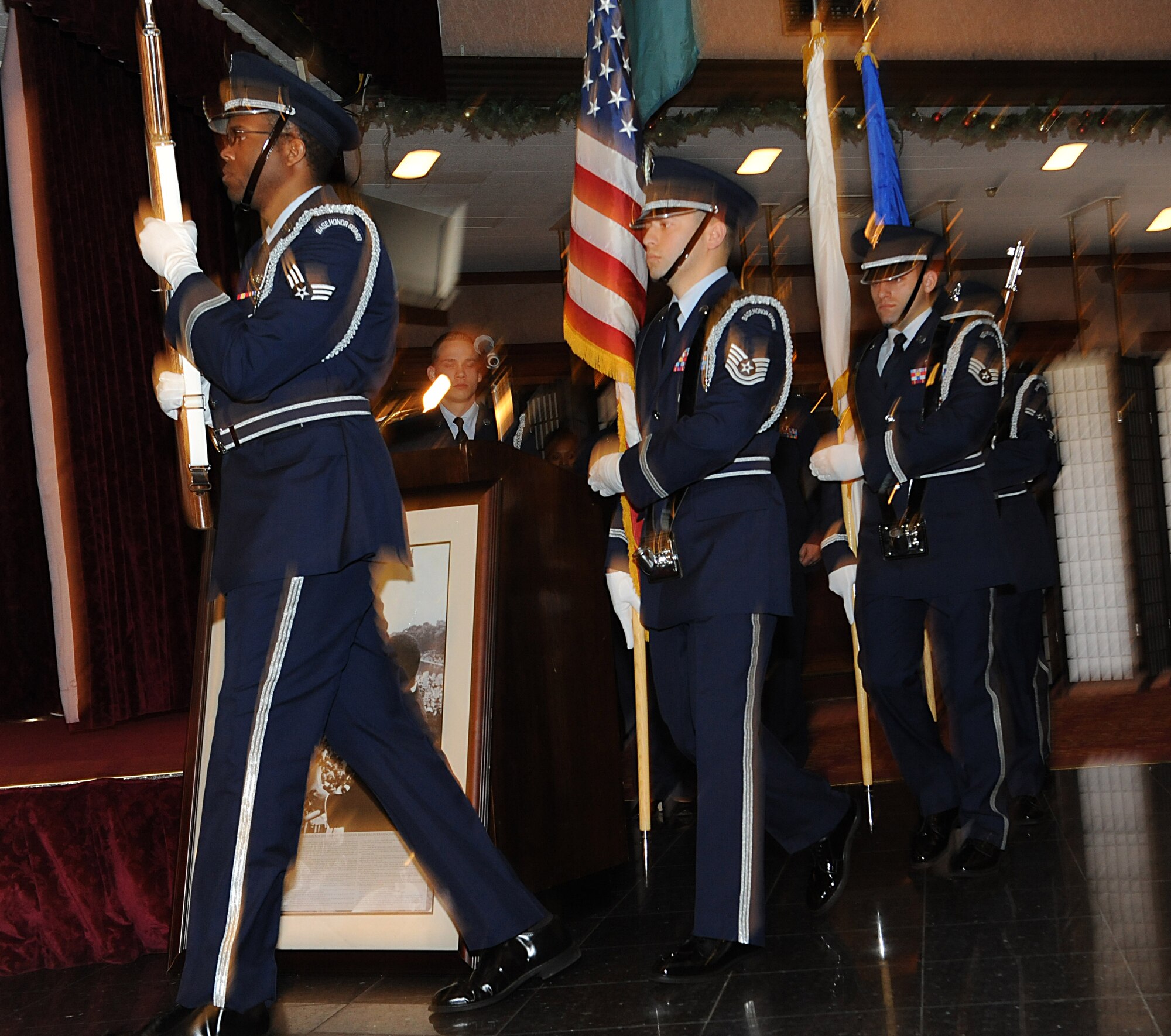 Kadena Honor Guard members present the colors during the Martin Luther King luncheon on Kadena Air Base, Japan, Jan. 18, 2013. The luncheon was the closing event for the base in remembrance of Martin Luther King Jr. (U.S. Air Force photo/Airman 1st Class Malia Jenkins) 
