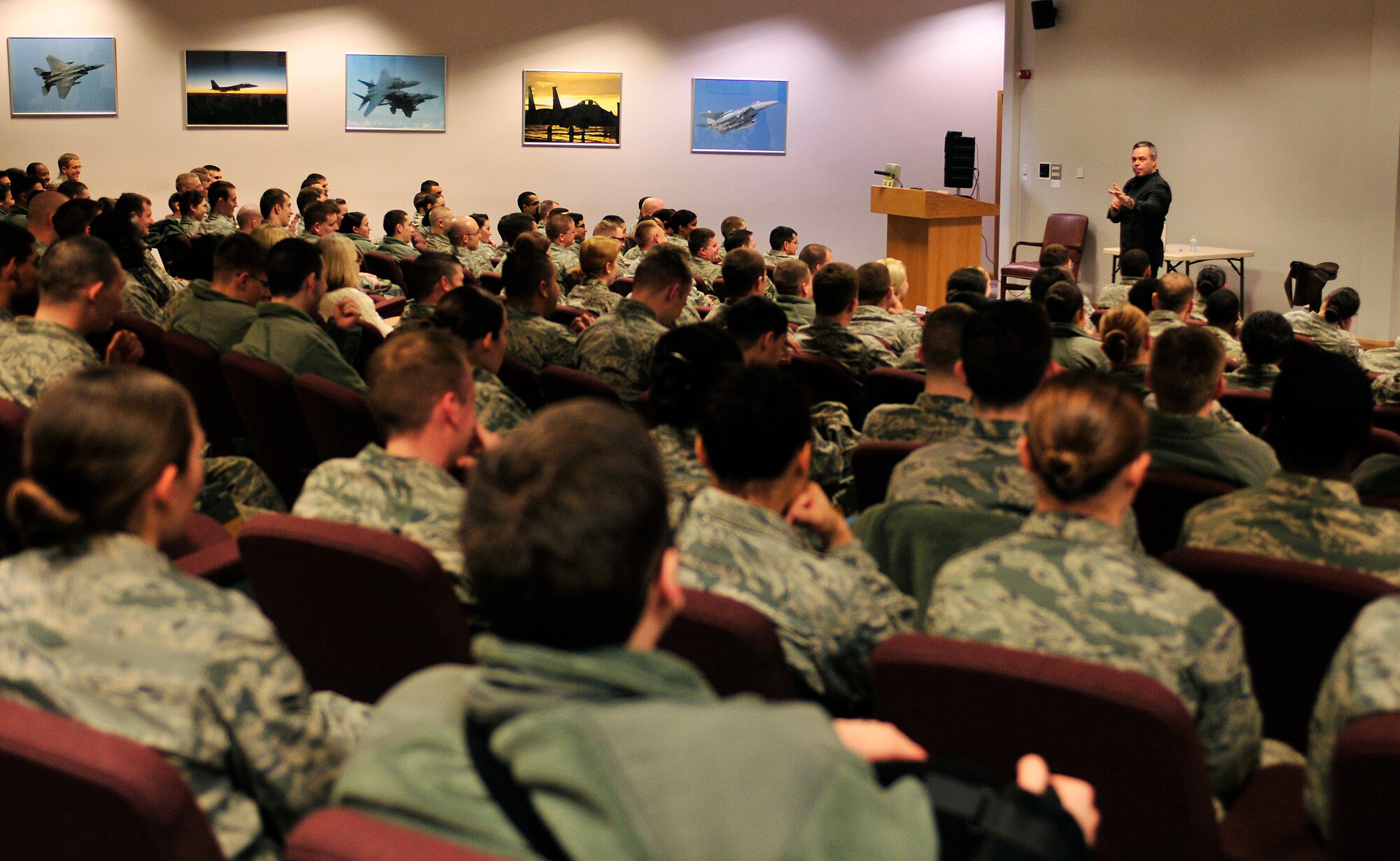 ROYAL AIR FORCE LAKENHEATH, England - Bernie McGrenahan, an American stand-up comedian, educates young Airmen on sexual assault and alcohol abuse prevention through humor Jan. 15, 2013. McGrenahan has appeared on many late night shows, to include 'The Tonight Show with Jay Leno' and has opened for many celebrities at Las Vegas concerts. (U.S. Air Force photo by Senior Airman Tiffany M. Grigg)