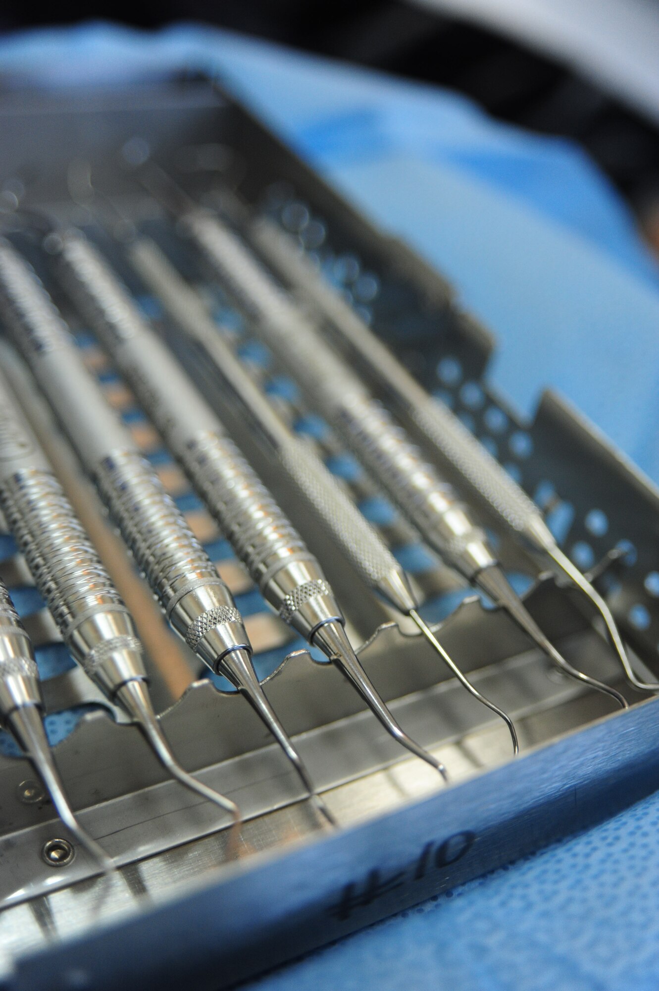 Surgical dental picks sit ready to scour the crevices of military and family member's teeth Jan. 16, 2013, at Incirlik Air Base, Turkey. The picks are used to remove plaque from teeth and near gum-lines. (U.S. Air Force photo by Senior Airman Anthony Sanchelli/Released)