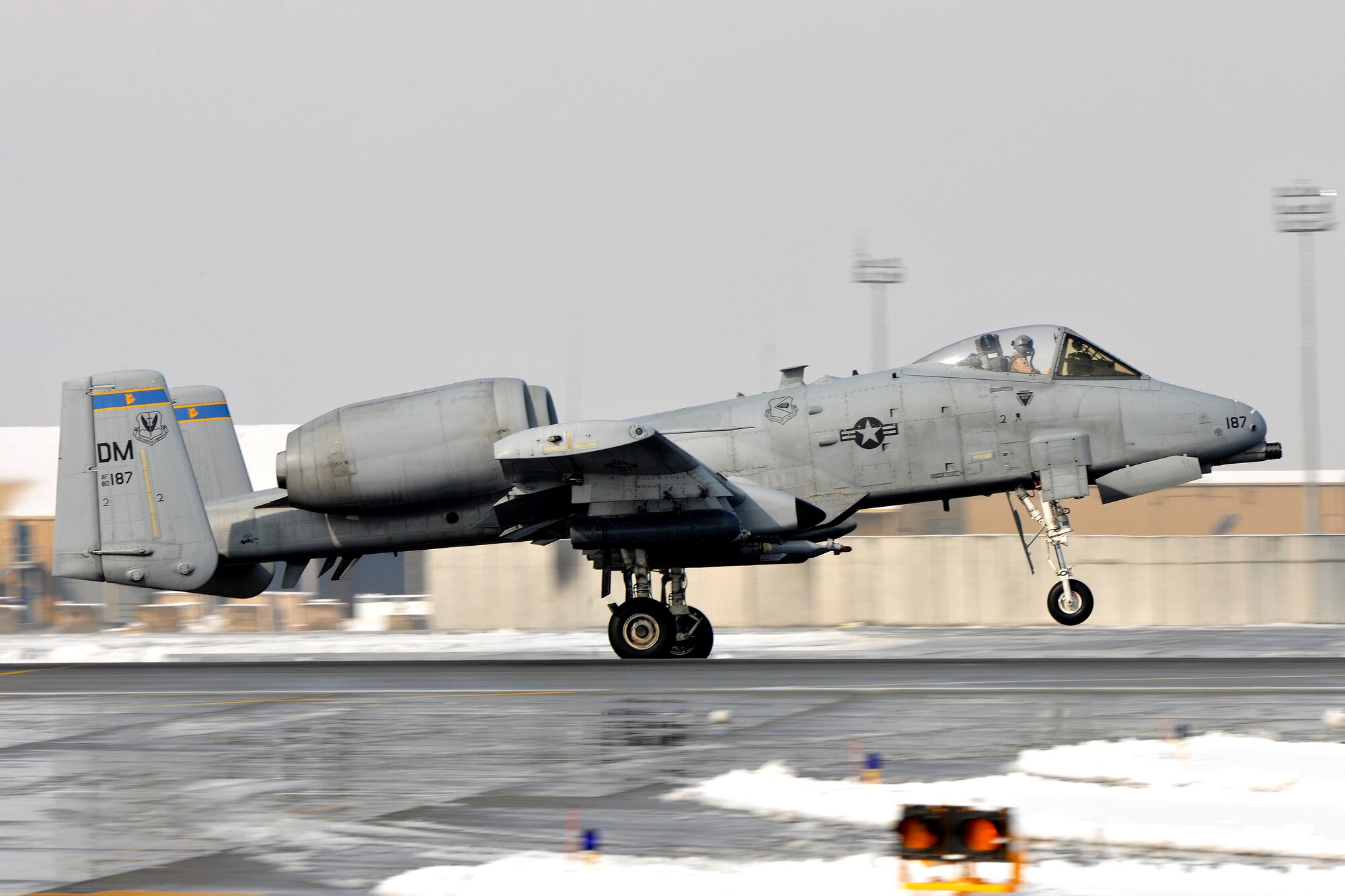 A U.S. Air Force A-10 Thunderbolt II, from Davis-Monthan Air Force Base, Ariz., takes off at Bagram Airfield, Afghanistan, Jan. 17, 2013. The A-10 is a specialized ground-attack aircraft which provides close air support to ground forces operating in Afghanistan. (U.S. Air Force photo/Senior Airman Chris Willis)