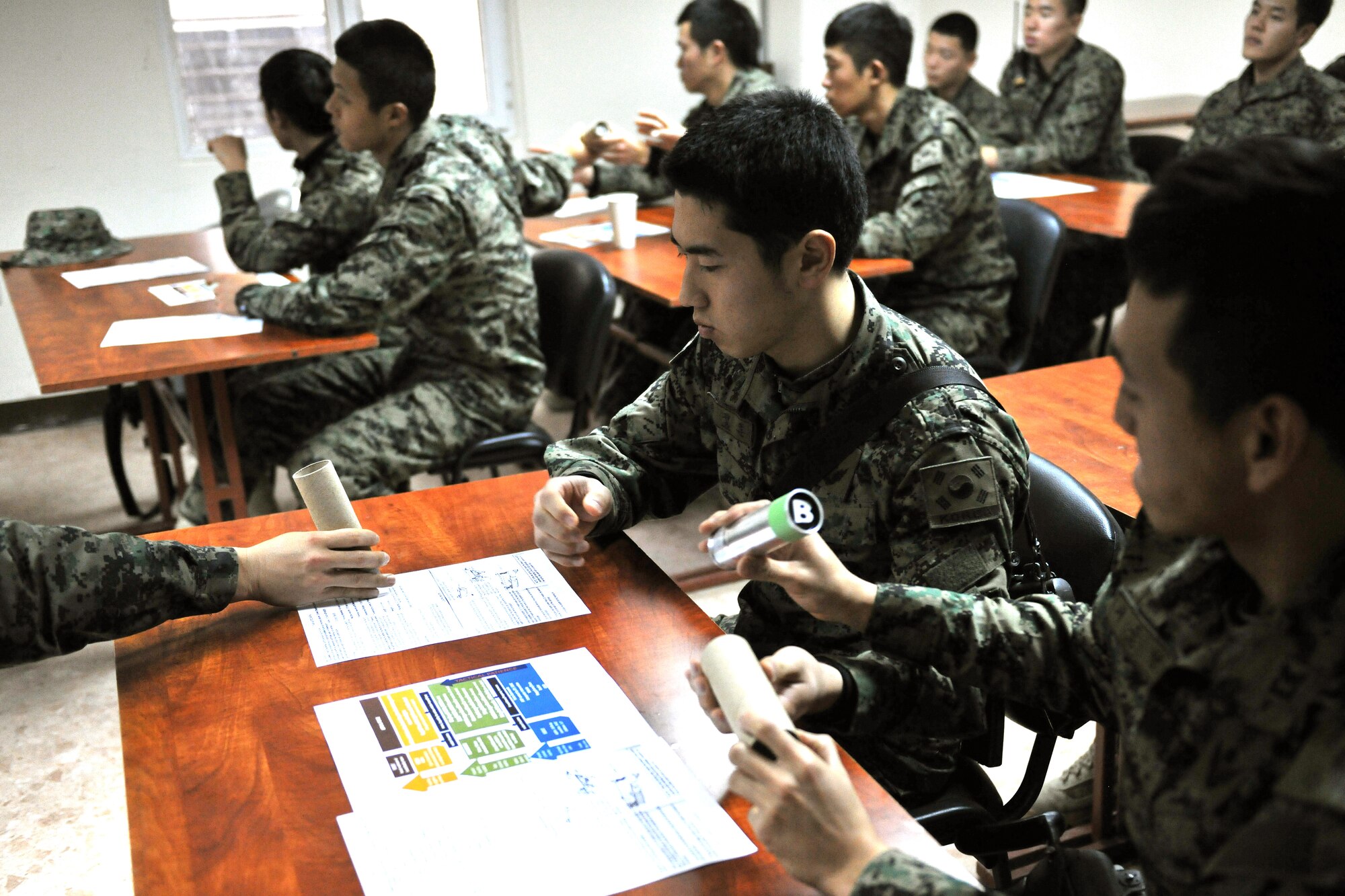 Members of the Republic of Korea Army security forces participate in a joint training program at Bagram Airfield, Afghanistan, Jan. 16, 2013.  The “Use of Force” training was to provide the ROK security forces with some of the same guidelines U.S. forces use in hostile situations.  (U.S. Air Force photo/Senior Airman Chris Willis)