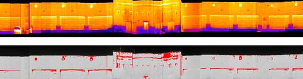 This composite image shows a thermal panoramic image (top) shot in a drive-by scan and an image of the automatically detected and segmented energy leaks (bottom). 