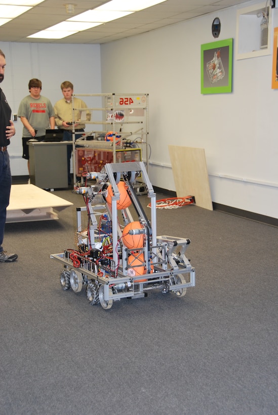 Robotics students put their robot through its paces in preparation for an upcoming competition. With the help of ERDC mentors, students build, operate and compete their robot in events across the country.