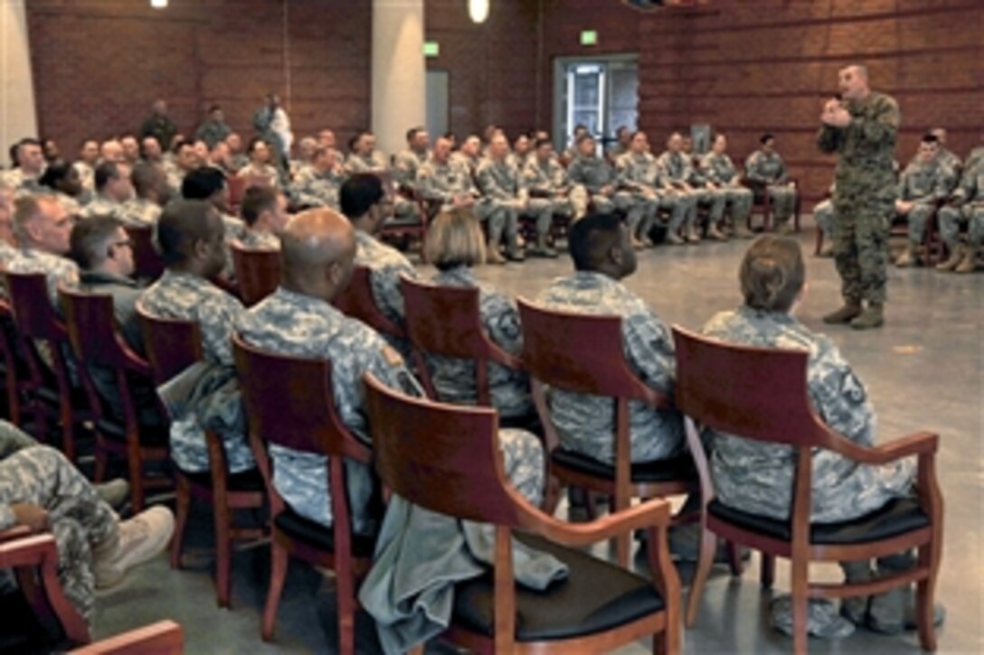 Marine Corps Sgt. Maj. Bryan B. Battaglia, senior enlisted advisor to the chairman of the Joint Chiefs of Staff, speaks to service members during a visit to Jackson Barracks, La., Jan. 17, 2013.