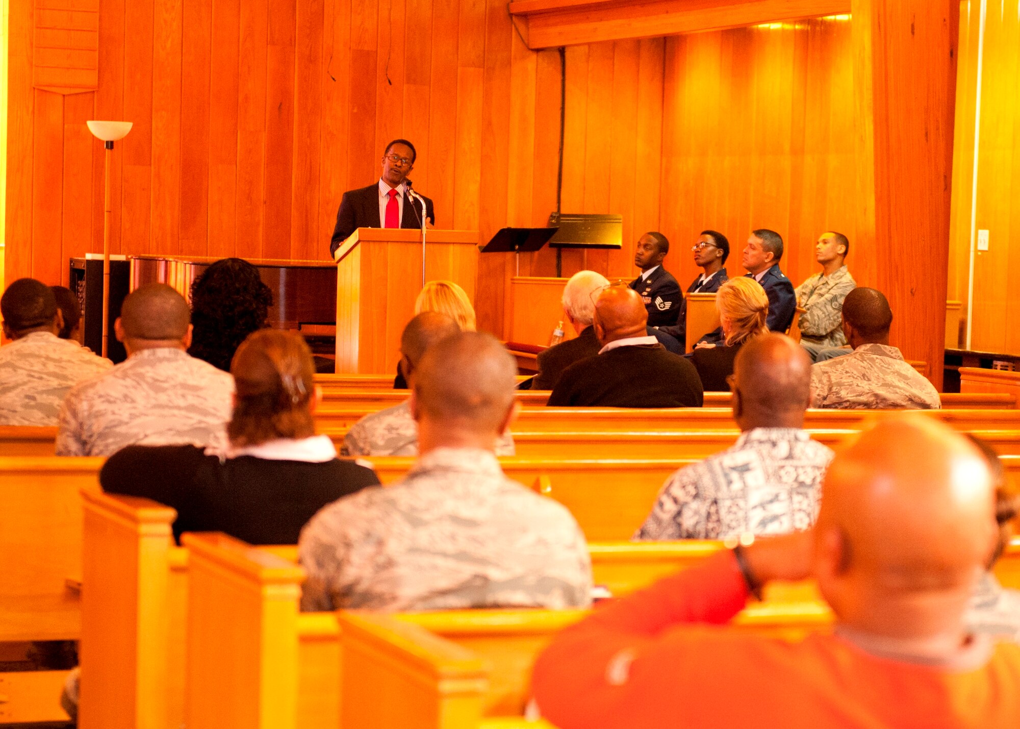 Mr. Alfred McCambry, Chairman of the Bay County Chamber of Commerce, spoke to more than 50 attendees at Tyndall’s Dr. Martin Luther King Jr. Commemoration Jan. 18 at the base chapel. The event was hosted by the Tyndall Black Heritage Committee. (U.S. Air Force photo by Lisa Norman)