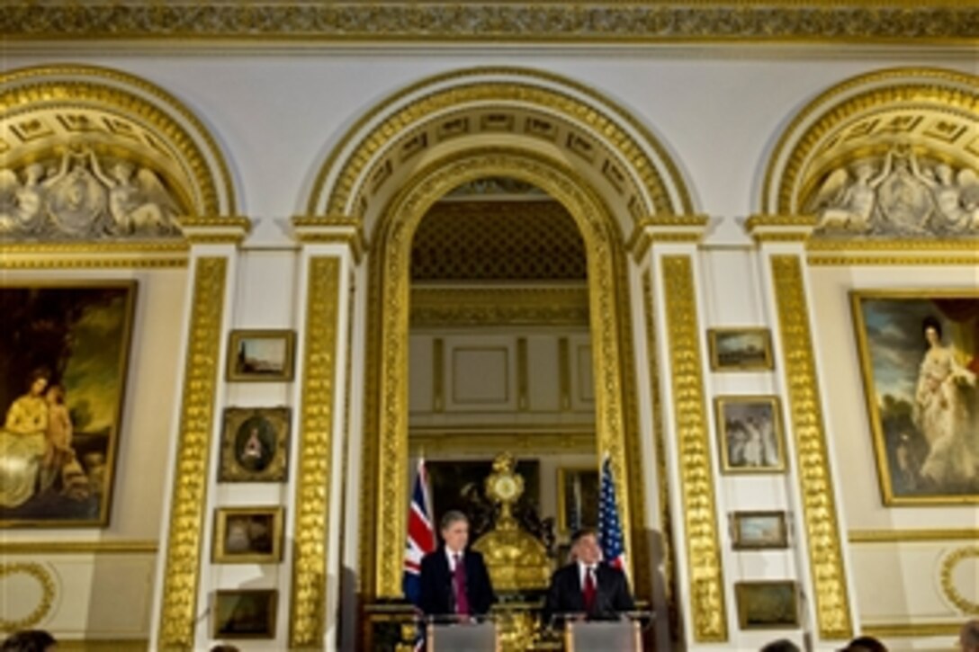 U.S. Defense Secretary Leon E. Panetta, right, holds a joint press conference with British Defense Secretary Philip Hammond at Lancaster House in London, Jan. 19, 2013. Panetta is on a six-day trip to Europe to visit with defense counterparts and troops.