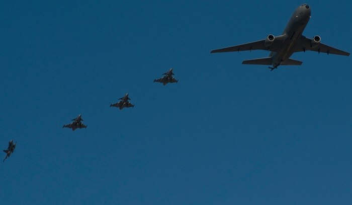 NELLIS AIR FORCE BASE, Nev. – A four-ship formation of Swedish JAS-39 Gripen fighter jets follow a refueling aircraft as they arrive from Maine to participate in RED FLAG 13-2 Jan. 17, 2013, at Nellis Air Force Base, Nev. RED FLAG 13-2 will have more than 90 aircraft that are scheduled to depart from Nellis twice a day until Feb. 1 and will take part in mission exercises that can last as long as eight hours. (U.S. Air Force photo by Senior Airman Daniel Hughes)



