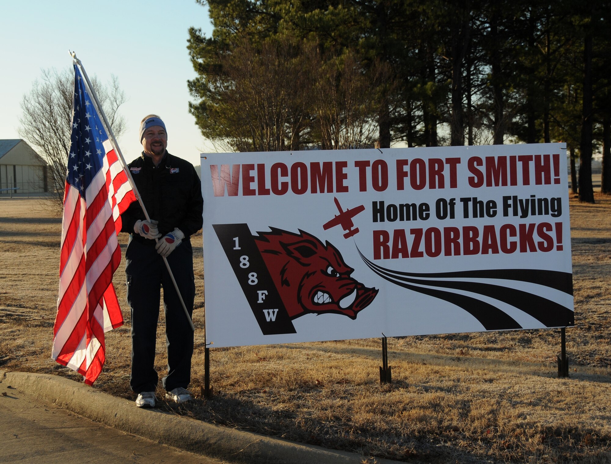 Members of the Fort Smith, Ark., community gathered outside the gate of the 188th Fighter Wing to show their support of the 188th and to welcome Chief of Staff of the Air Force Gen. Mark A Welsh III, Jan. 18, 2013. Welsh toured the 188th’s facilities and learned about the unit’s mission. He also discussed the 188th’s future with 188th and state military leadership as well as members of the Oklahoma and Arkansas Congressional delegation. Welsh also met with city officials and community leaders during a Jan. 17 gathering in Fort Smith. (National Guard photo by Airman 1st Class Cody Martin/188th Fighter Wing Public Affairs)