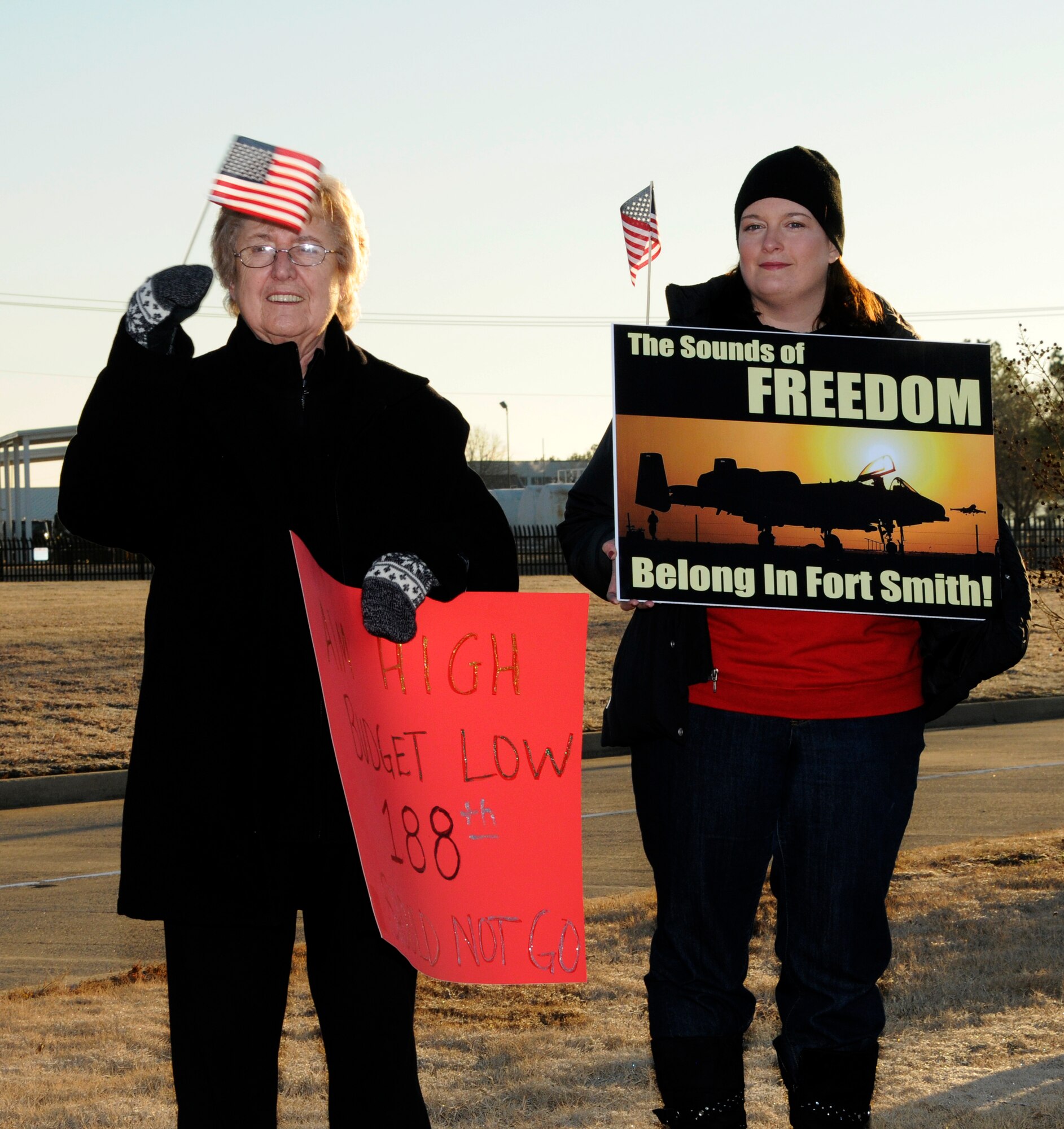 Members of the Fort Smith, Ark., community gathered outside the gate of the 188th Fighter Wing to show their support of the 188th and to welcome Chief of Staff of the Air Force Gen. Mark A Welsh III, Jan. 18, 2013. Welsh toured the 188th’s facilities and learned about the unit’s mission. He also discussed the 188th’s future with 188th and state military leadership as well as members of the Oklahoma and Arkansas Congressional delegation. Welsh also met with city officials and community leaders during a Jan. 17 gathering in Fort Smith. (National Guard photo by Senior Airman Hannah Landeros/188th Fighter Wing Public Affairs)