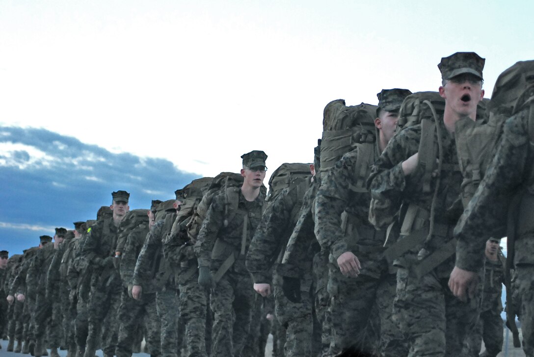 Marines with Headquarters Battery, 14th Marine Regiment, 4th Marine Division, participate in a three-mile hike at Naval Air Station Fort Worth Joint Reserve Base, Texas, Jan 13, 2013. The regiment hiked just over three miles around the base’s flight line as part of a training exercise to increase unit readiness.  14th Marines will support a variety of exercises and operations in 2013, including Exercise African Lion. African Lion is a U.S. Africa Command-sponsored, Marine Forces Africa-led exercise designed to reinforce military cooperation between U.S. & Moroccan forces.
(U.S. Marine Corps Photo by Staff Sgt. Joel Chaverri/Released)
