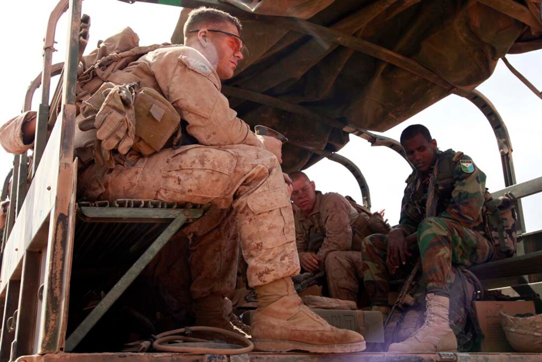 Exercise Amitie, which is French for friendship exercise, is a multinational training exercise designed to increase interoperability, enhance mutual capabilities and support a sustained presence in the region. During Amitie, elements from the 15th MEU participated in a three-day mounted patrol, land and water obstacle courses, aviation-related evolutions and joint planning. The training was led by the French 5th Marine Regiment and included elements from the 15th Marine Expeditionary Unit, French Foreign Legion, U.S. Army, U.S. Air Force and Djiboutian military. The 15th MEU is deployed as part of the Peleliu Amphibious Ready Group as a U.S. Central Command theater reserve force, providing support for maritime security operations and theater security cooperation efforts in the U.S. 5th Fleet area of responsibility. (U.S. Marine Corps photo by Cpl. John Robbart III)