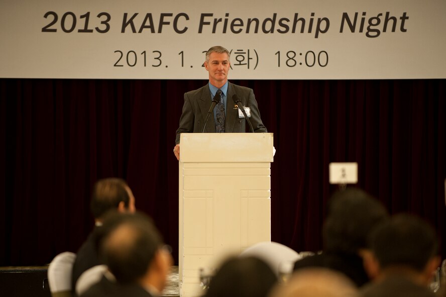 Col. John Pearse, 8th Fighter Wing commander, speaks to the crowd during the Korean American Friendship Council Friendship Night at Gunsan City, South Korea, Jan. 22, 2013. The event highlighted the continued support by KAFC and the 8th FW for the Gunsan City community. (U.S. Air Force photo by Staff Sgt. Jonathan Fowler/Released)