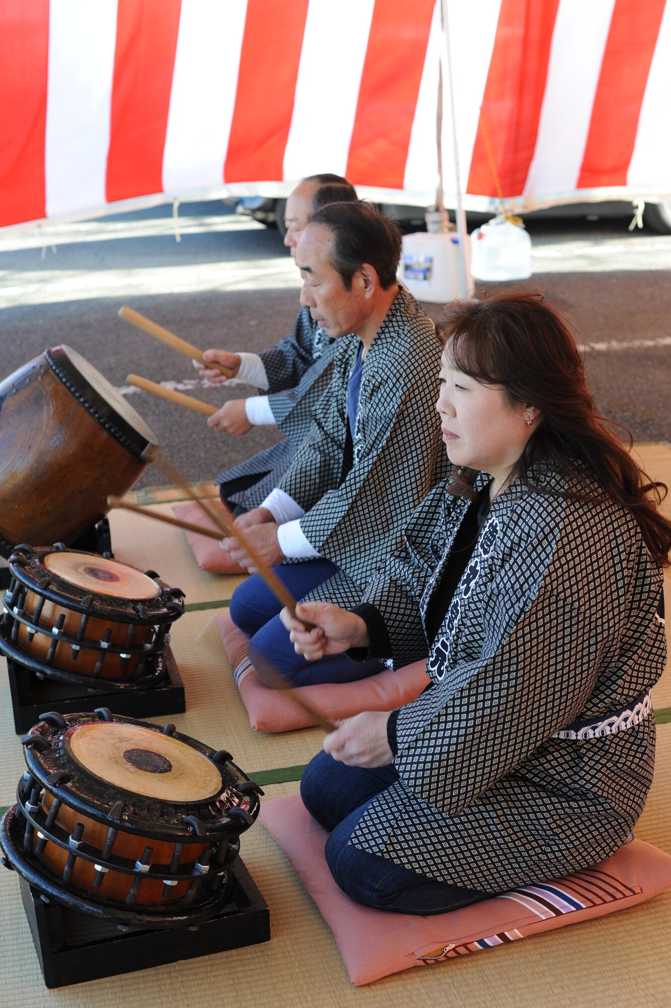 YOKOTA AIR BASE, Japan -- The Yokota Samurai Taiko Team, made up of employees and service members at Yokota Air Base, Japan, perform during the Japanese Welfare Association’s Japan Culture Day Jan. 18, 2013. This year marks the 66th Anniversary for the Japan Culture Day.  (U.S. Air Force photo by Airman 1st Class Meagan Schutter)  