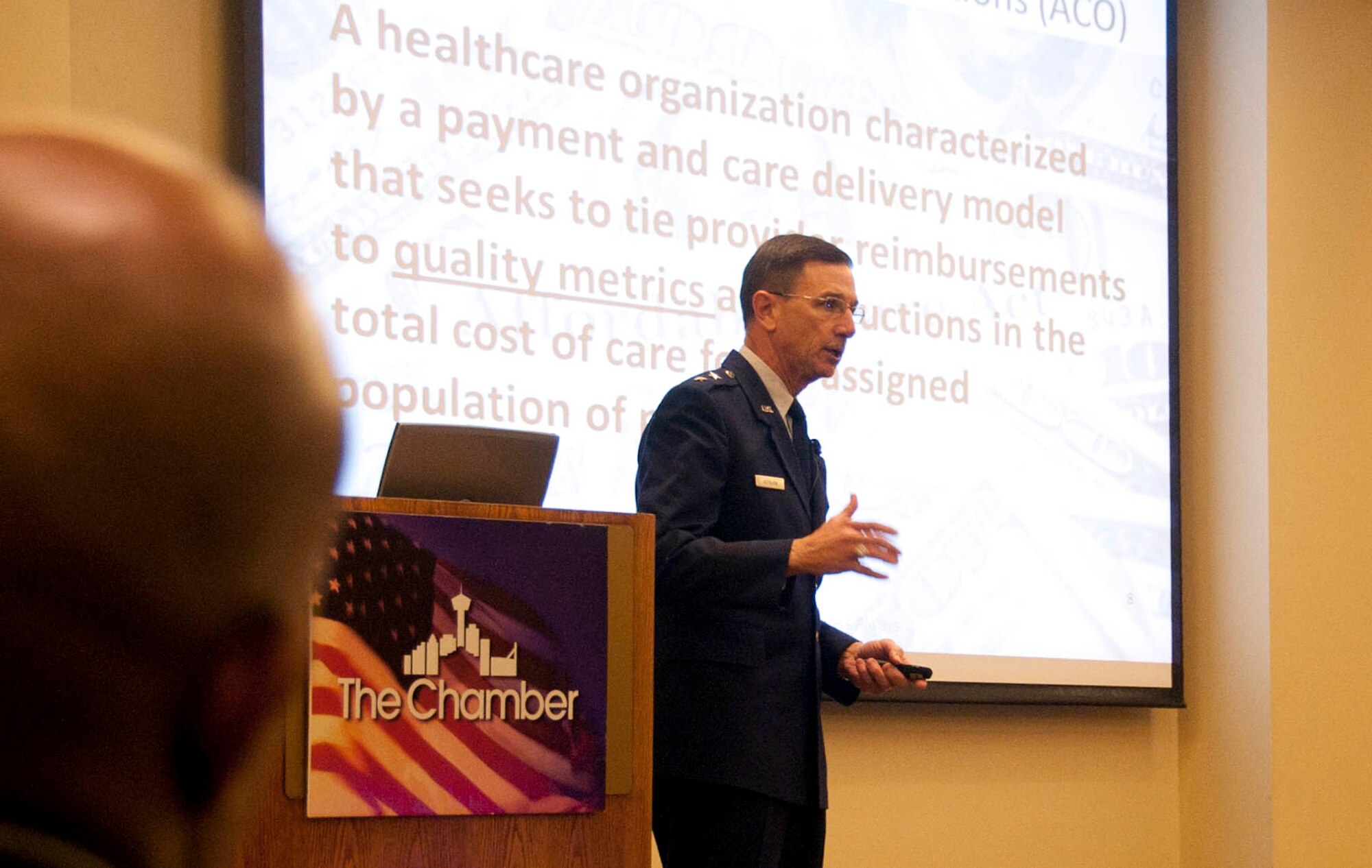 Maj. Gen. Byron C. Hepburn, director of the San Antonio Military Health System, addresses an audience of local, regional and national contractors during the Military Medical Contracting Industry Summit Jan. 15 in San Antonio. The event focused on the strategic importance of military medicine in San Antonio, and its impact on the development and growth of health care in the community. Hepburn is also commander of the 59th Medical Wing, Joint Base San Antonio-Lackland. (U.S. Air Force photo/Staff Sgt. Corey Hook)