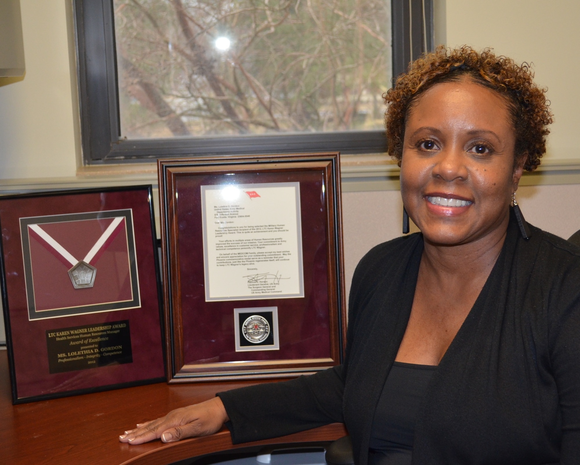 Lolethia D. Gordon, U.S. Army Medical Command Human Resources Division chief at Fort Eustis' McDonald Army Health Center, earned MEDDAC's Lt.Col. Karen Wagner Leadership Award early January 2013. Her division provides HR support to the Soldiers and civilians of MEDDAC, Alpha Company of the Warrior Transition Unit at Fort Eustis, and to the Community-Based WTU at Fort Story. (U.S. Air Force photo by Tetaun Moffett/Released)