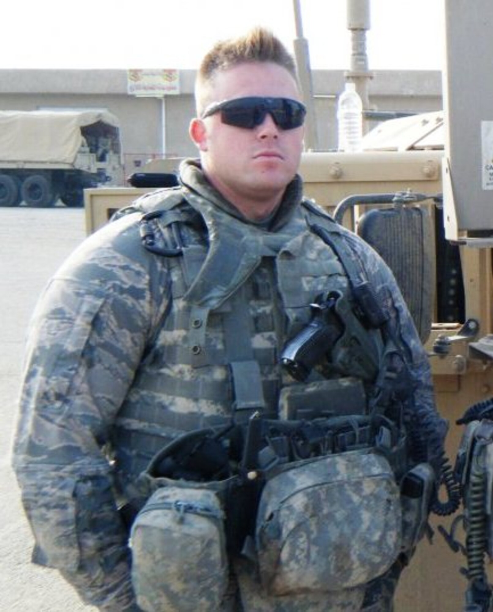 Tech. Sgt. James Zientek, a 366th Security Forces Squadron flight chief, prepares for a security convoy at Camp Stryker, Iraq. Zientek, an 11-year Air Force veteran, led a 16-person team patrolling towns and villages near Baghdad. (Courtesy photo)